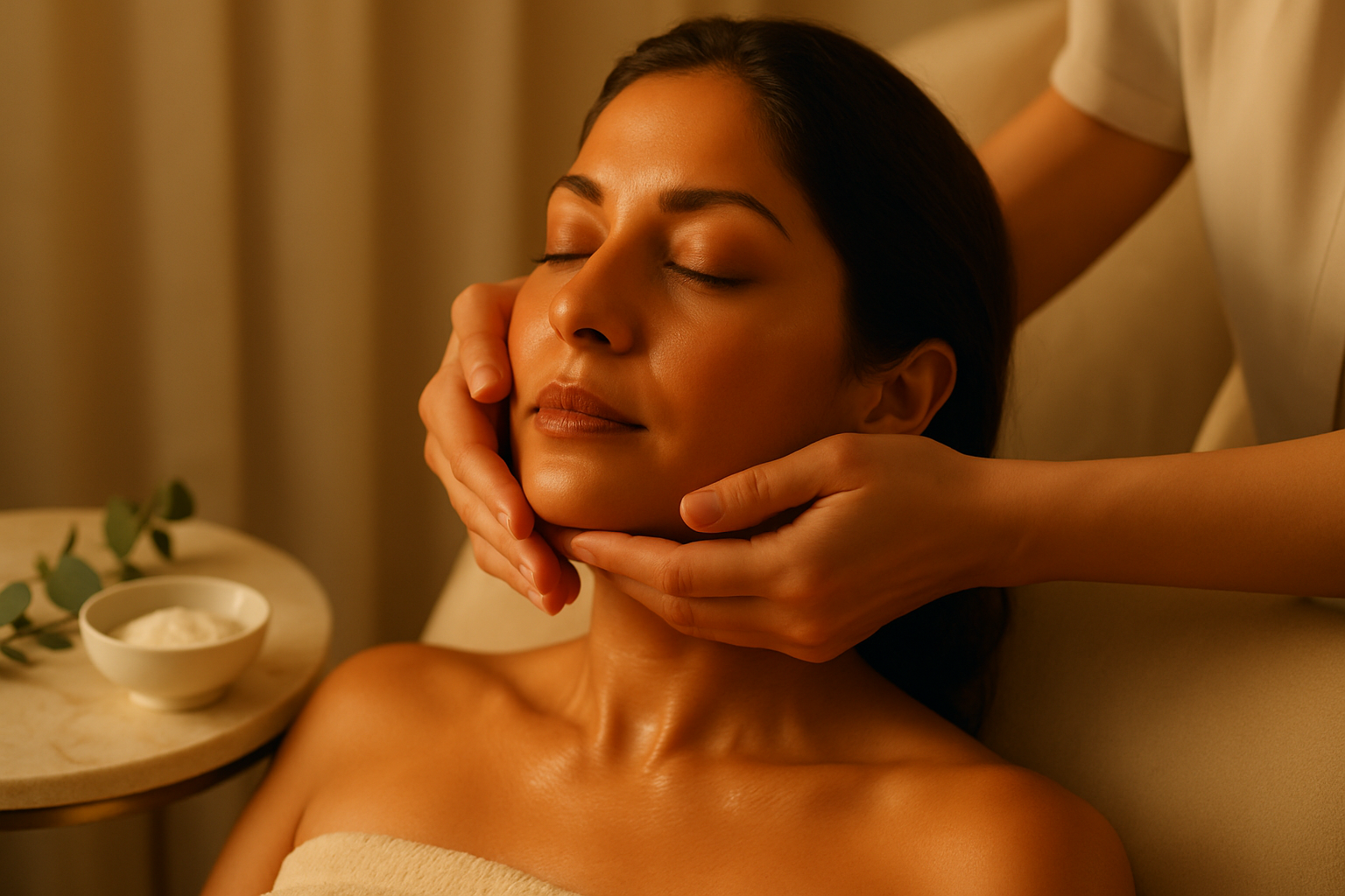 Close-up of glowing mature skin receiving a sculpting facial massage in a luxury salon