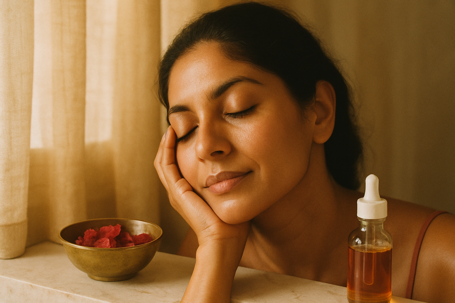 South Asian woman with glowing bare skin resting cheek in soft natural light