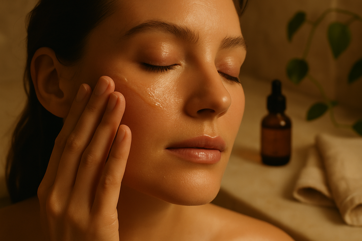 Close-up of woman's dewy skin as hands apply serum along her cheekbone