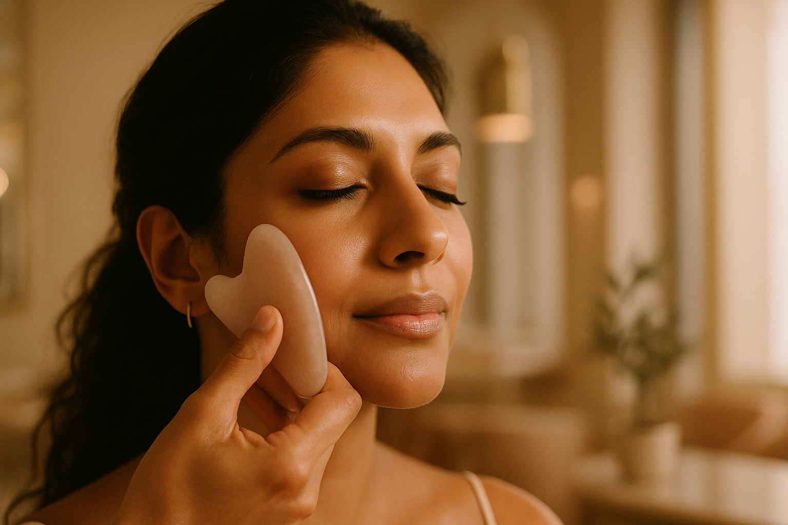 Close-up of glowing mature skin during a gua sha facial massage in a warm-lit salon