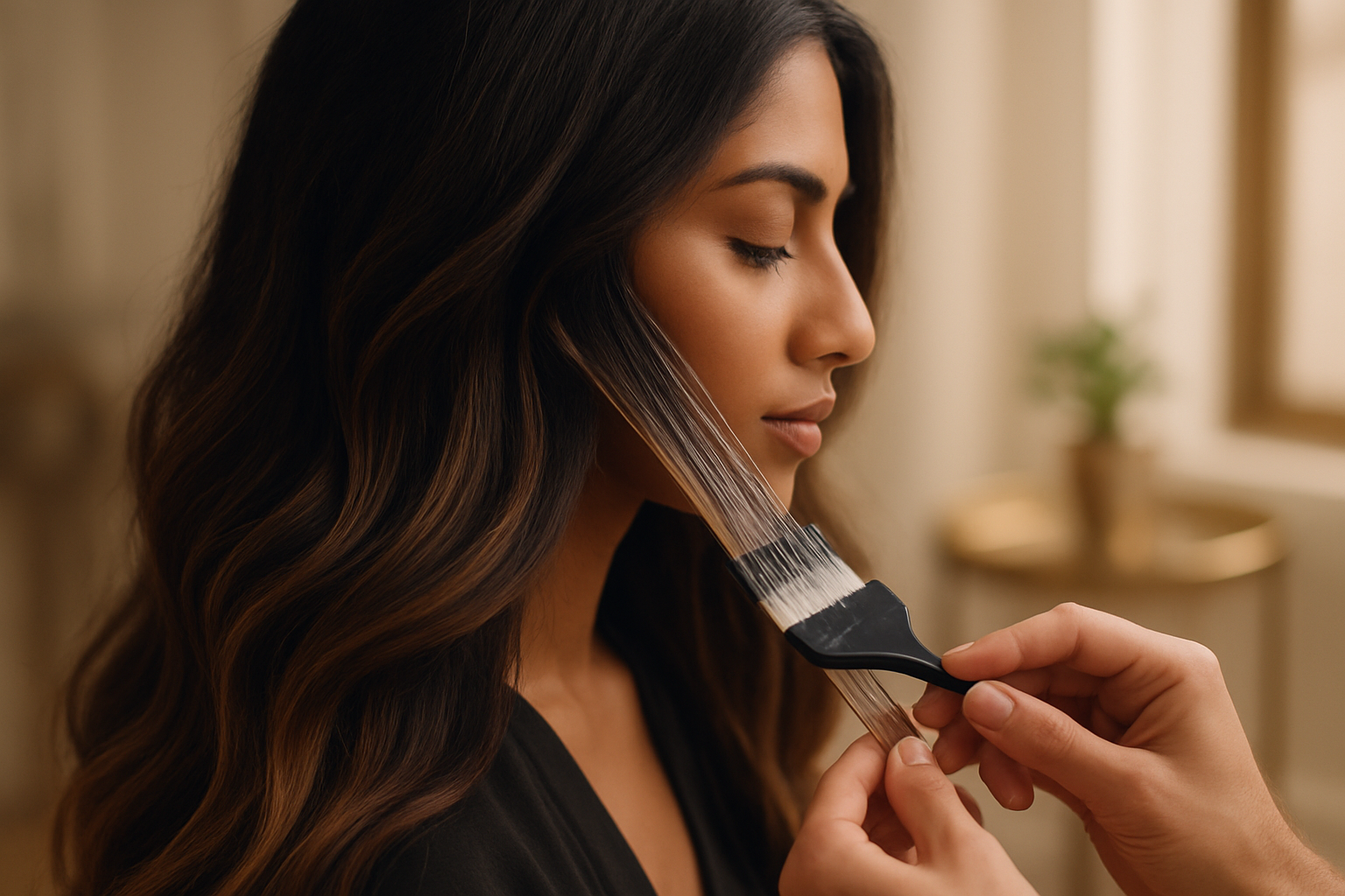 Colourist hand-painting caramel balayage onto long dark South Asian hair in soft daylight