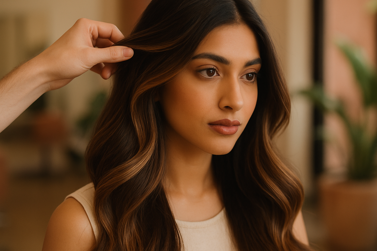 Stylist lifting a strand of dark hair with warm caramel balayage in soft window light