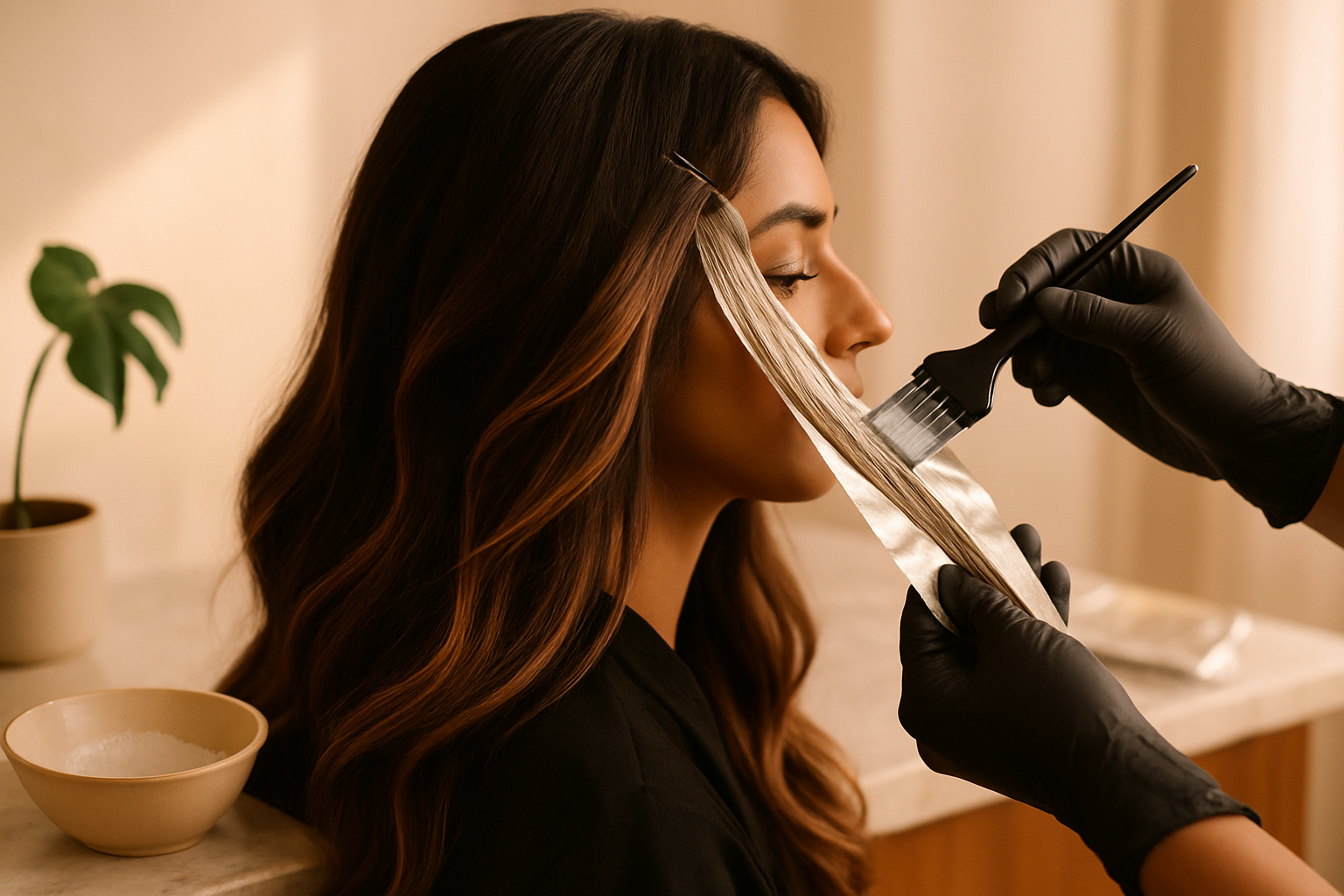 Stylist hand-painting caramel balayage onto long dark brown South Asian hair in a warmly lit salon