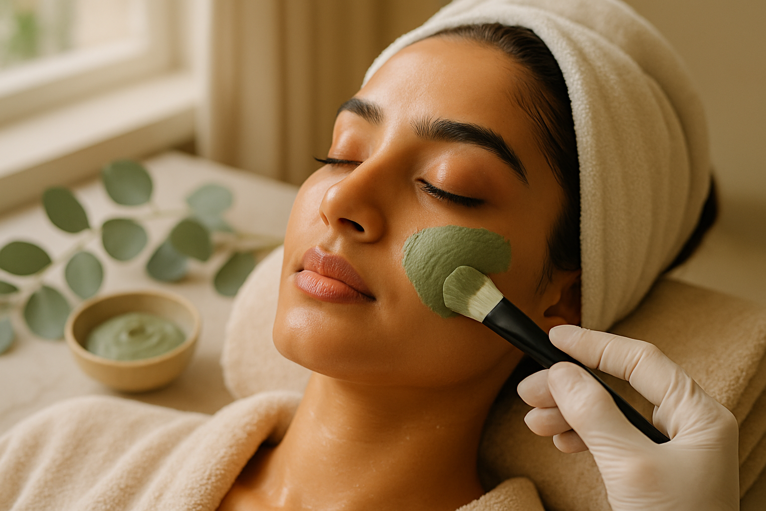 Close-up of a Pakistani woman receiving a cooling clay facial in a luxury salon