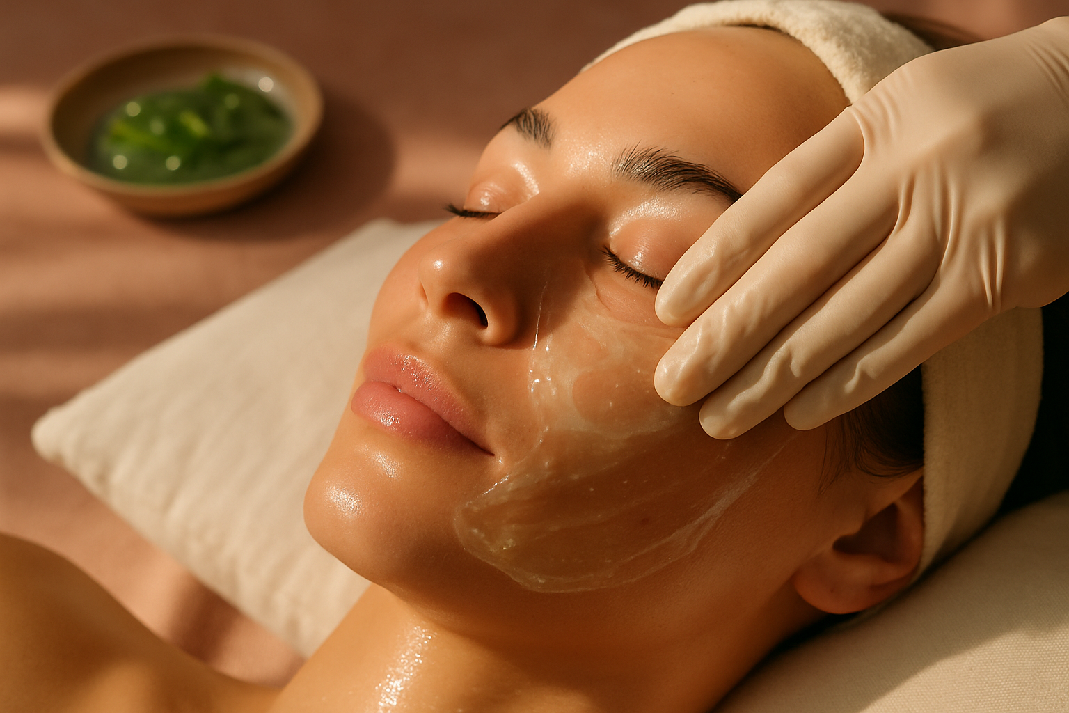 Woman receiving a cooling detox facial mask in a warmly lit Lahore salon