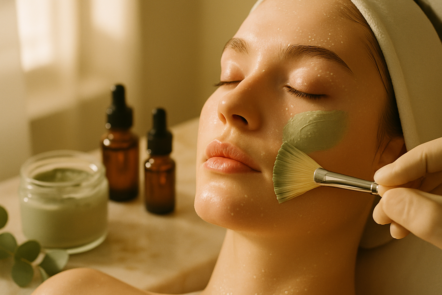 Esthetician applying green clay mask to a glowing woman's face in soft light