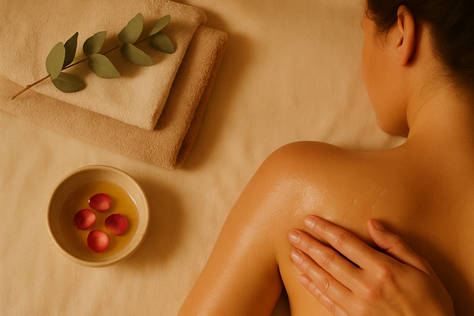 Warm spa room with linen towels, oil bowl and eucalyptus during a massage session