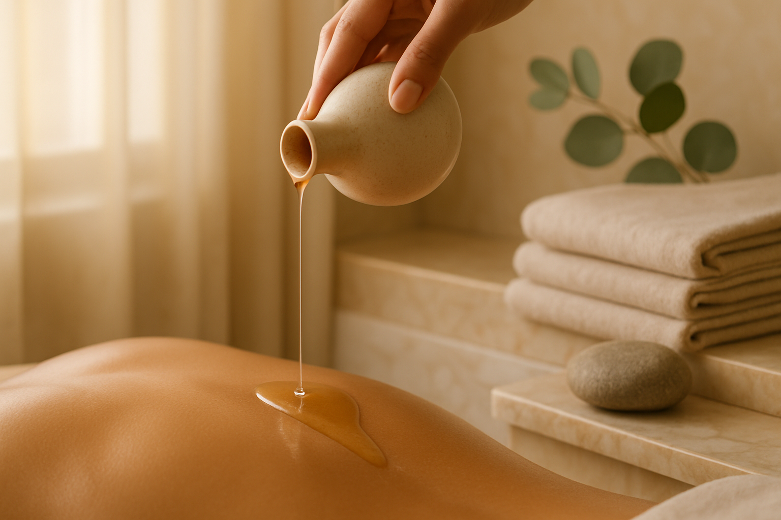 Warm massage oil poured onto skin beside eucalyptus and folded linen towels in soft light
