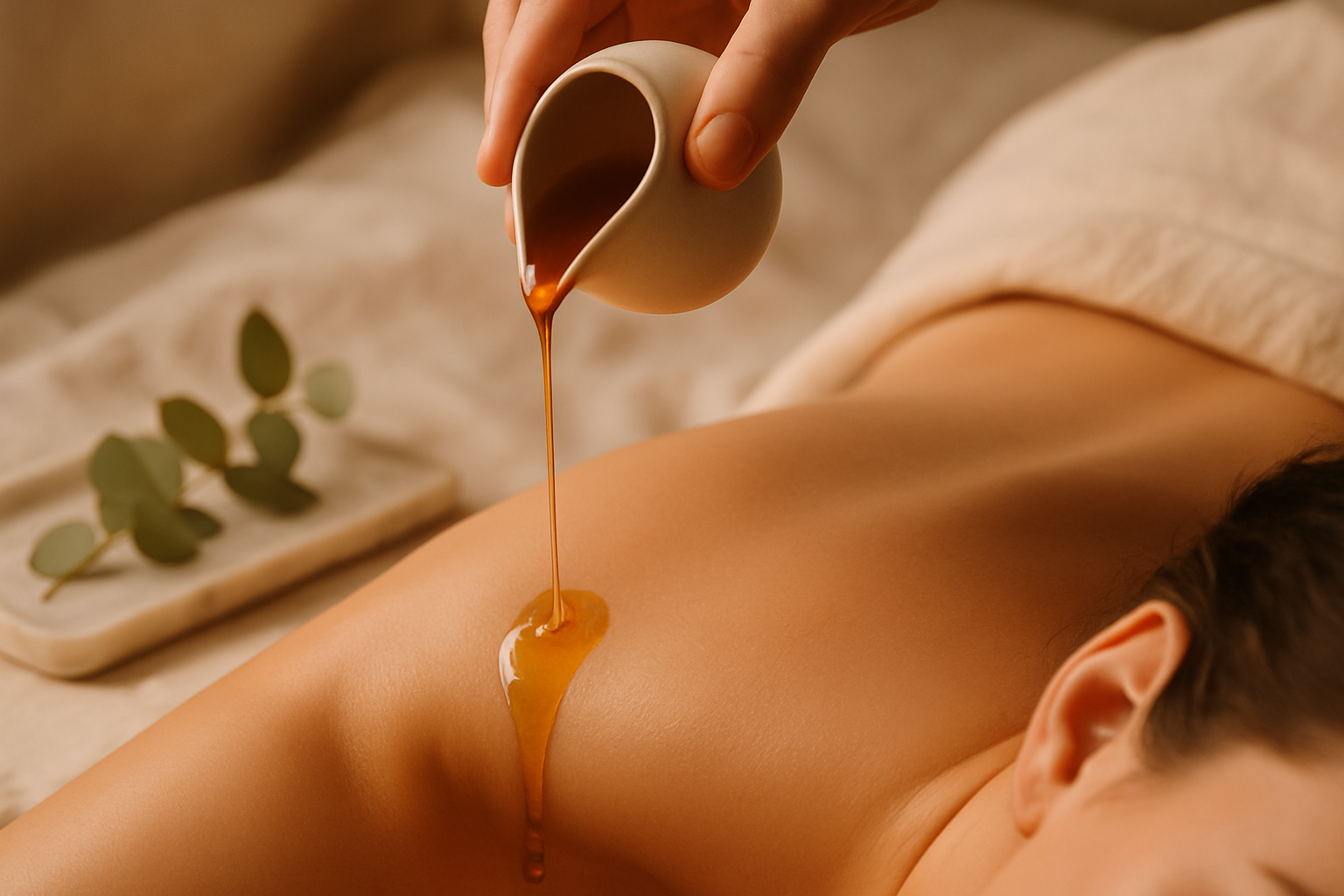 Warm oil poured onto a woman's shoulder during a relaxing spa massage session