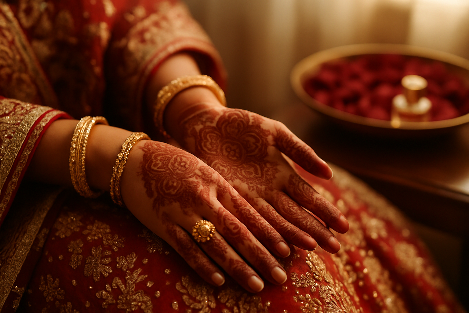 South Asian bride's hennaed hands resting on embroidered red dupatta in warm light