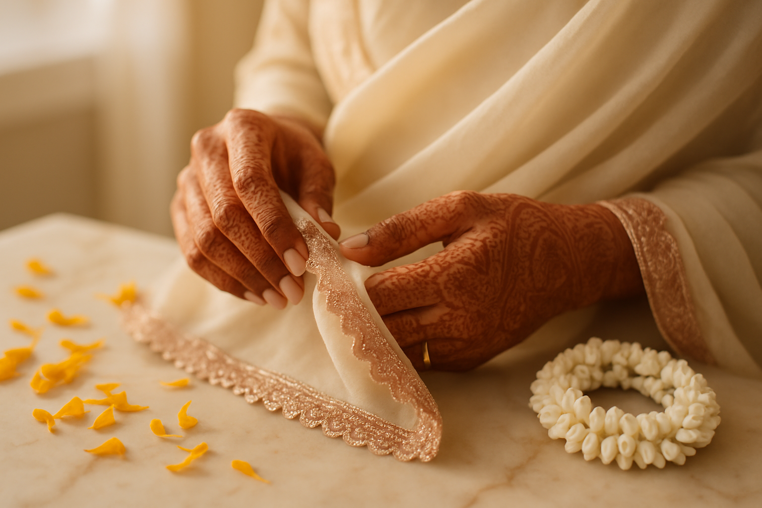 Bride's mehndi-adorned hands resting on marble with marigold petals and jasmine in soft light