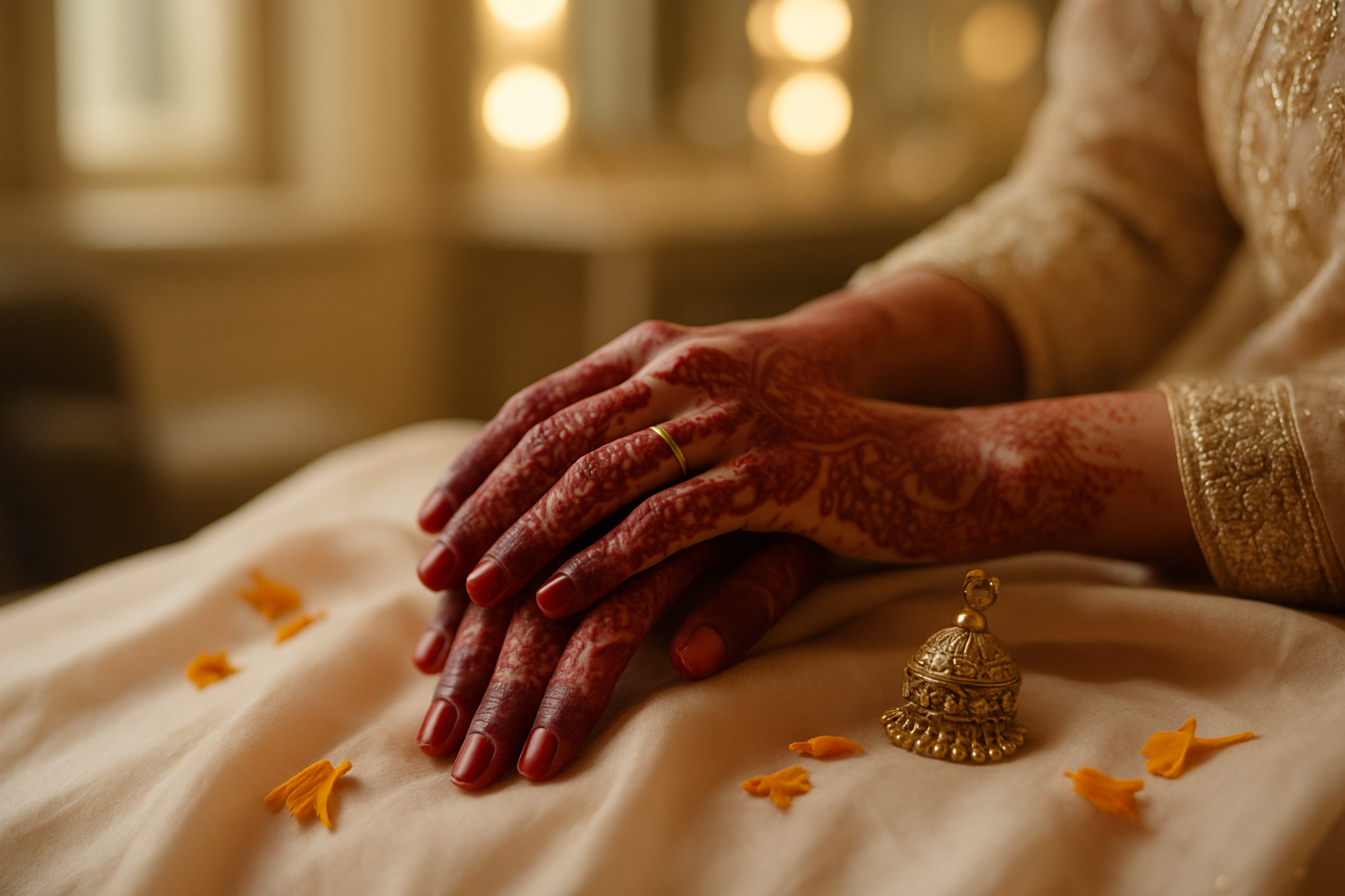 Bride's henna-decorated hands resting on silk dupatta with marigolds and gold jewellery in soft light