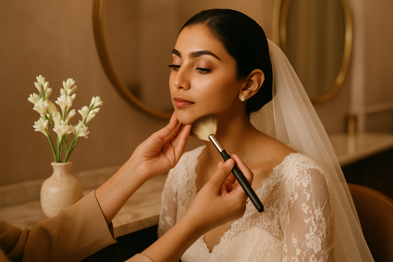 Makeup artist blending foundation on a bride's jaw during a bridal trial at a Lahore salon vanity