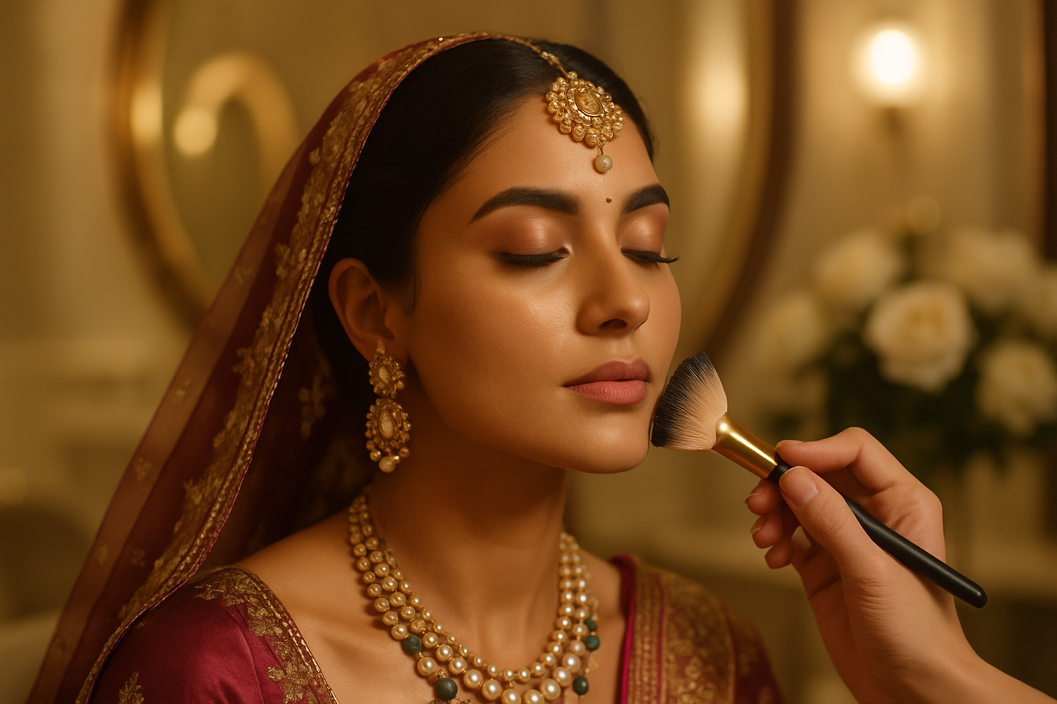 Makeup artist blending foundation on a bride's jaw during a luxury bridal trial