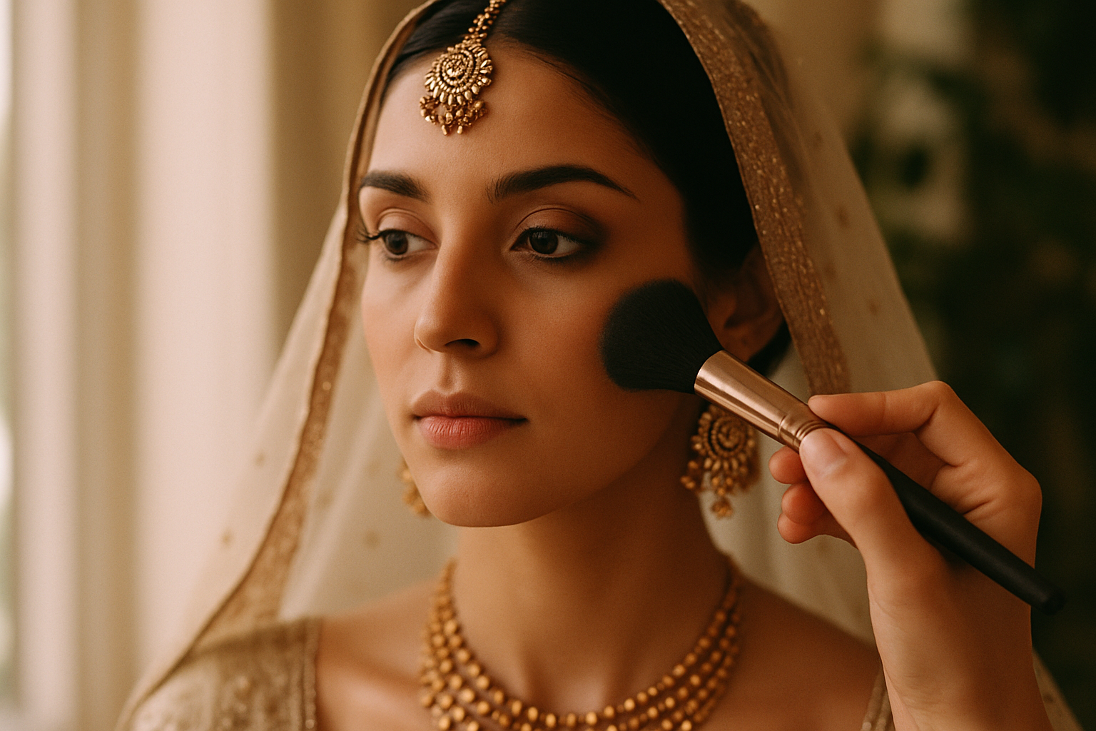 Bride having half-face bridal makeup trial applied by artist in soft window light