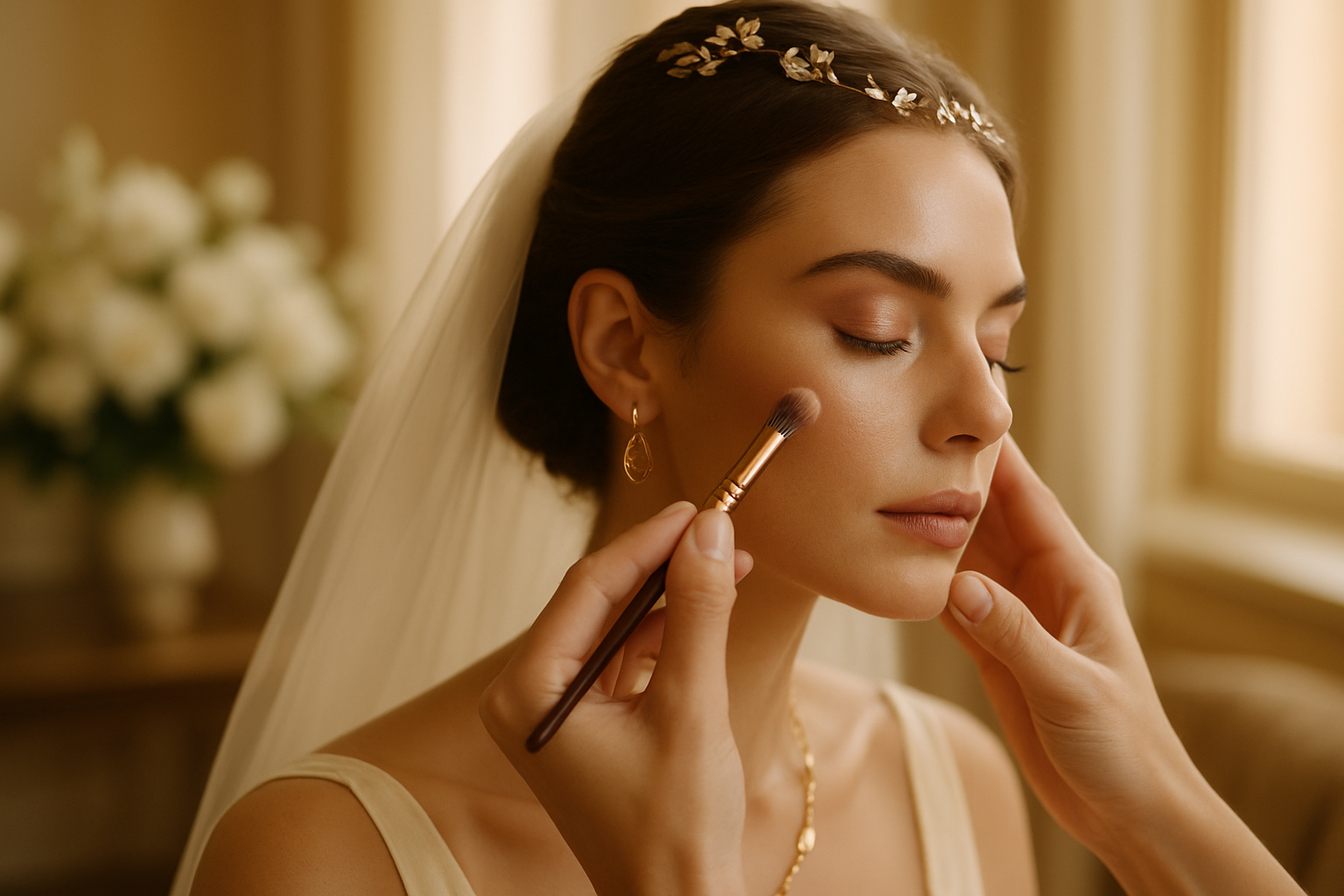 Makeup artist blending shimmer on bride's cheekbone during a luxury bridal trial session