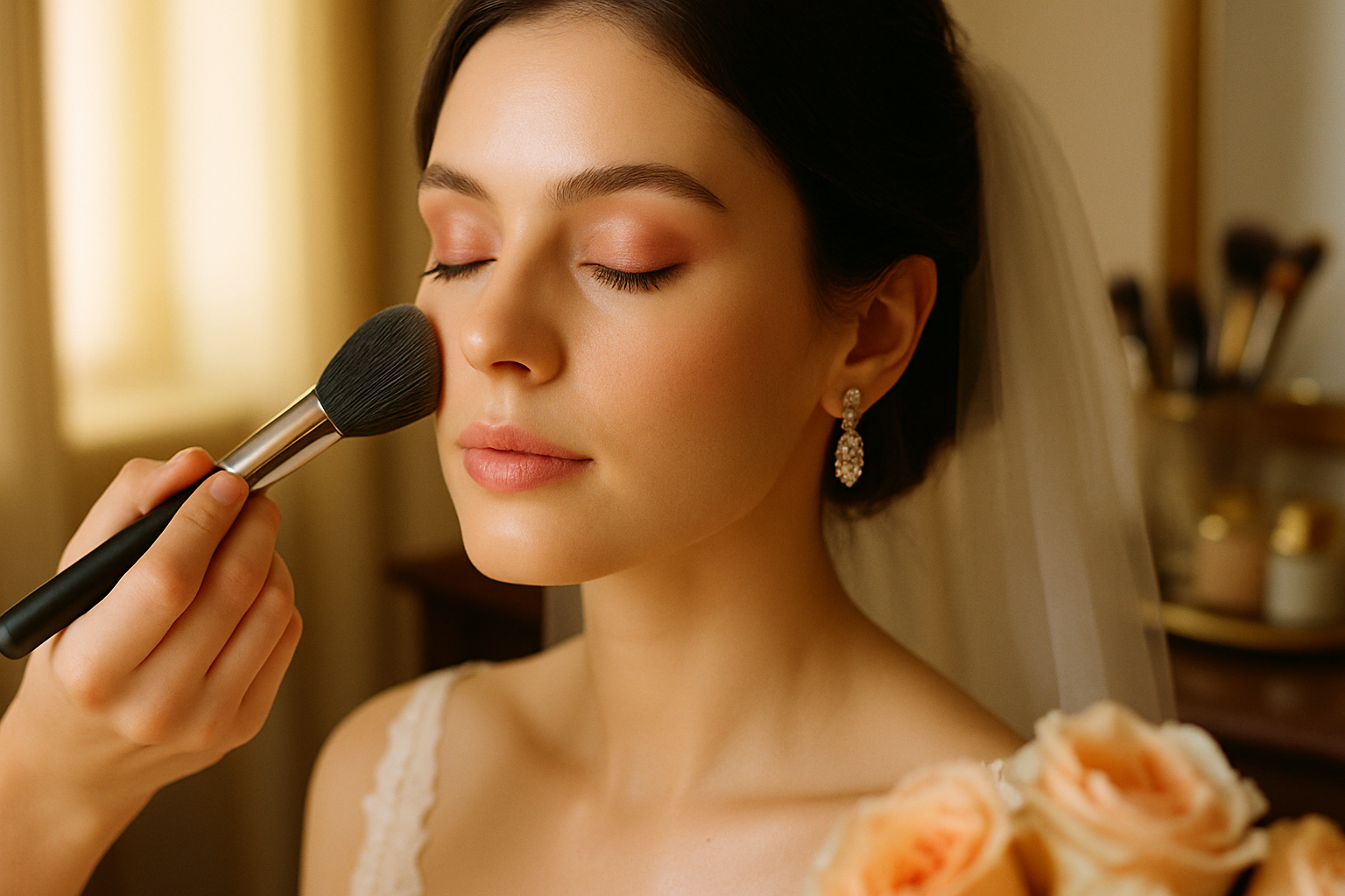 Makeup artist softly brushing powder on bride's cheek during a trial in warm salon light