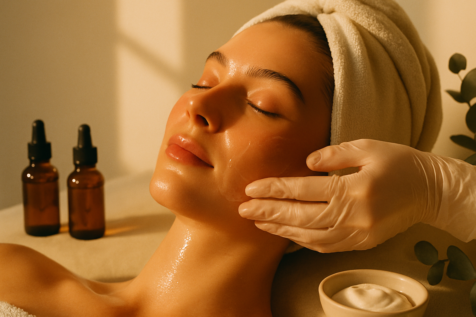 Close-up of a woman receiving a luxury facial with serum bottles nearby