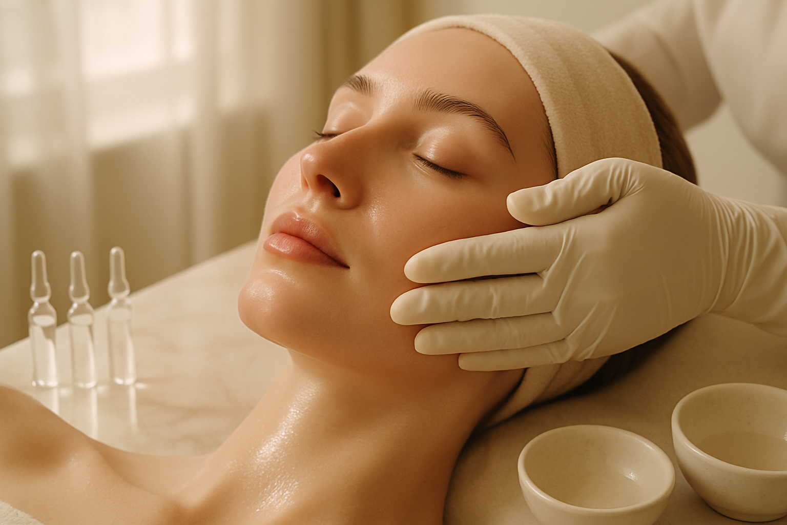Close-up of a woman receiving a serum facial with soft natural light in a luxury salon