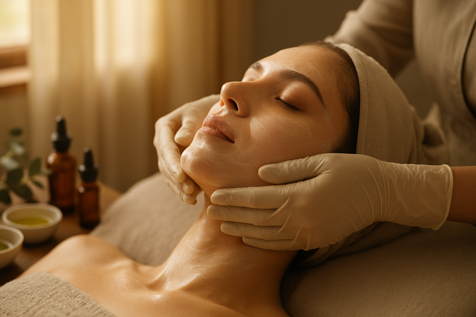 Close-up of a woman receiving a creamy facial mask treatment in a soft-lit salon