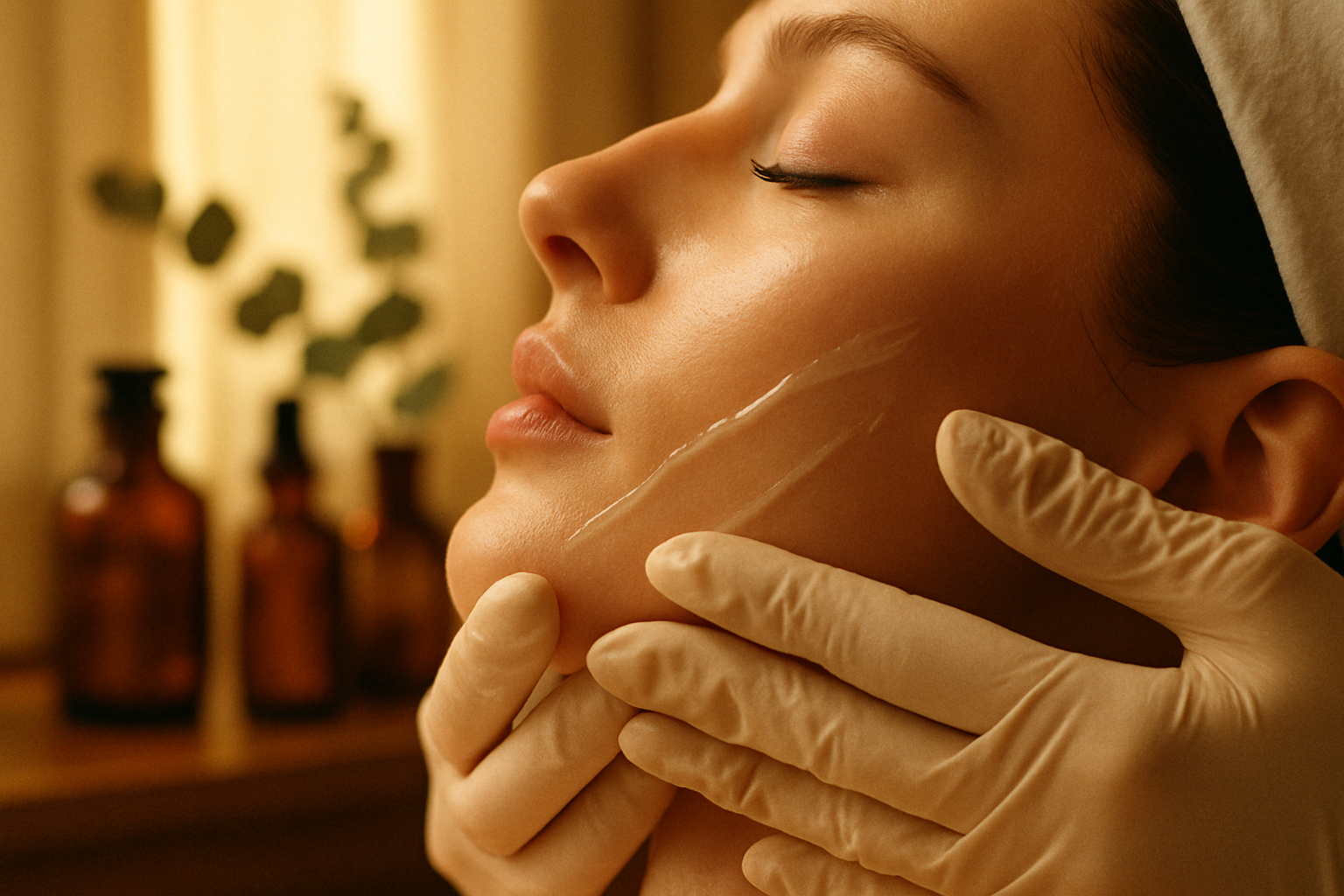 Close-up of gloved hands applying facial serum to a client's glowing cheek