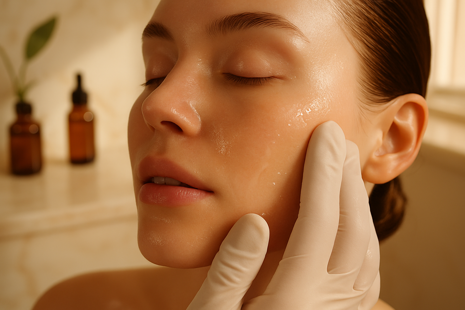 Close-up of gloved therapist applying serum to a client's dewy cheek in a softly lit salon