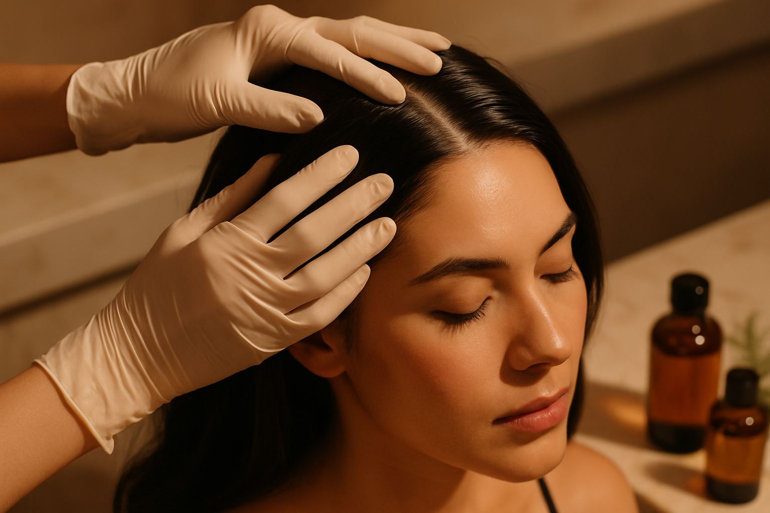 Stylist examining a client's scalp during a hair treatment consultation in a luxury Lahore salon
