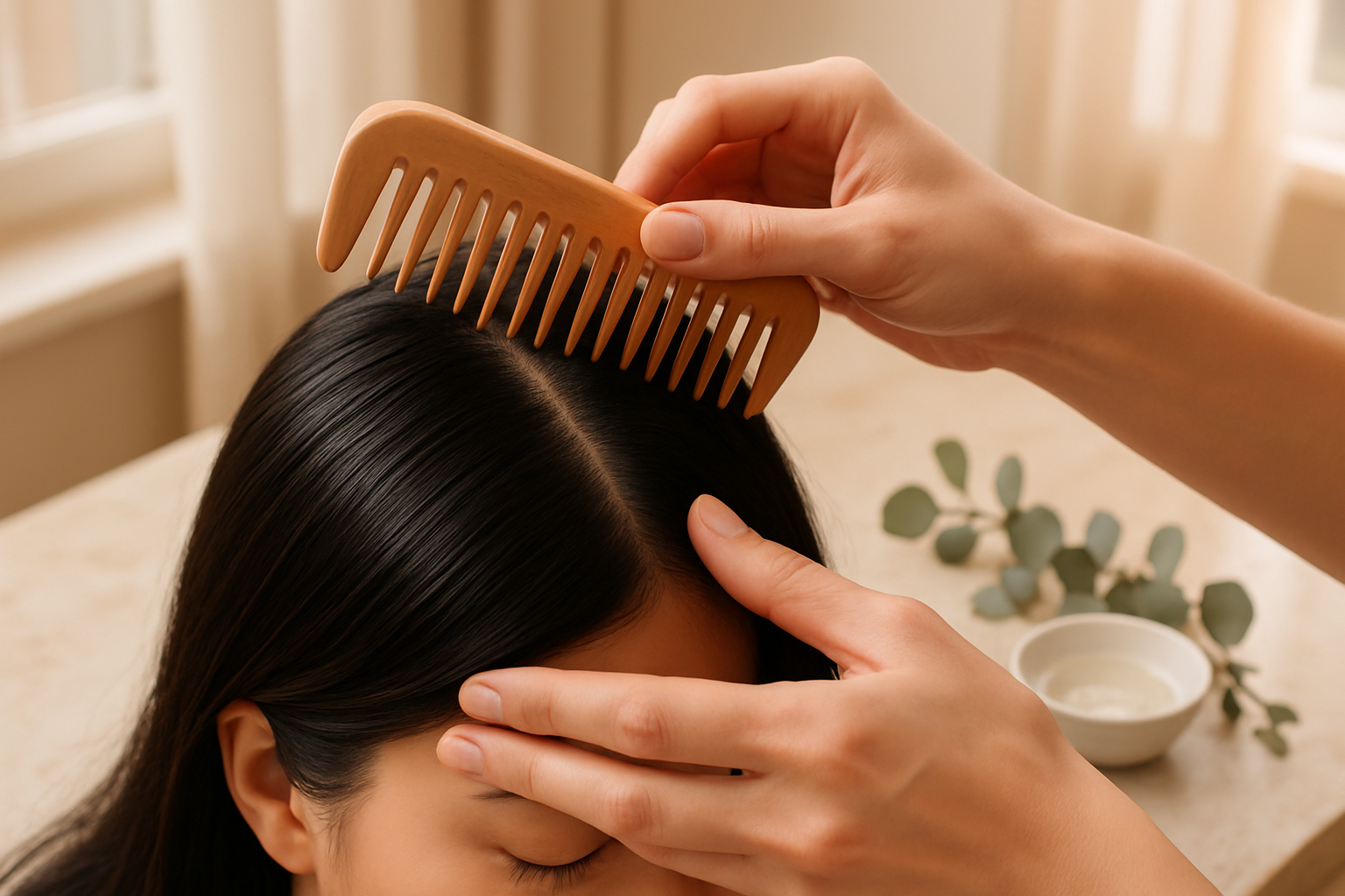 Stylist parting a client's dark hair to examine the scalp in soft daylight