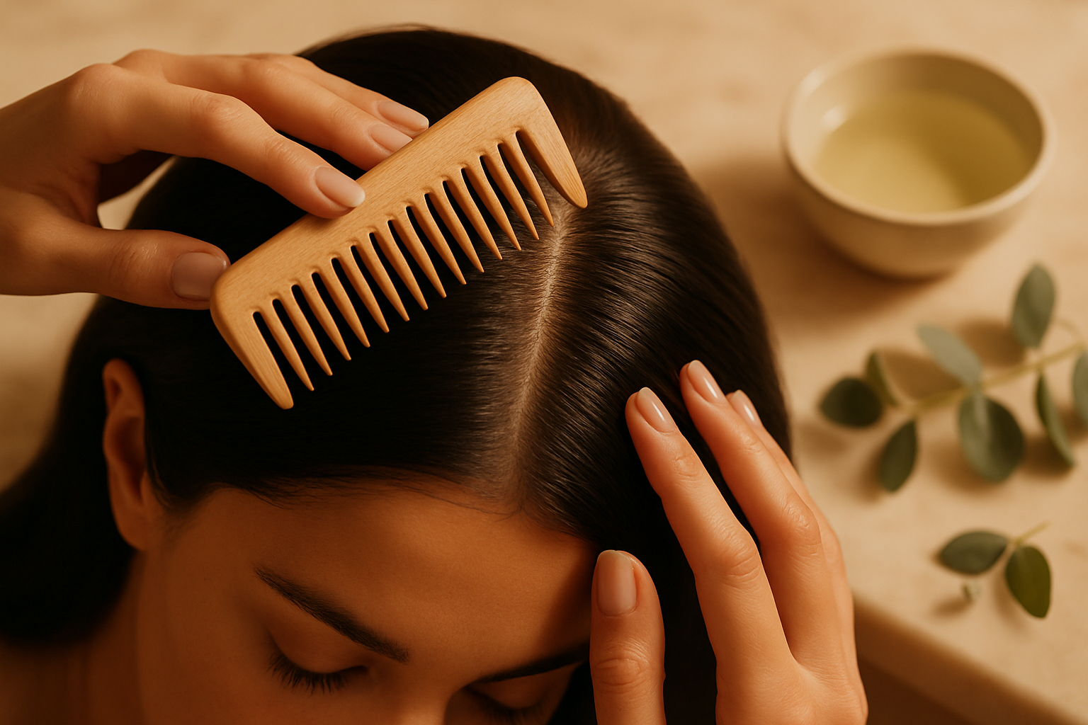 Stylist parting a client's dark hair to examine scalp with wooden comb in salon