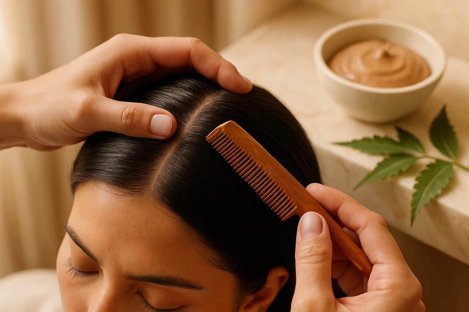 Stylist parting a client's dark hair to examine scalp beside neem leaves and clay mask