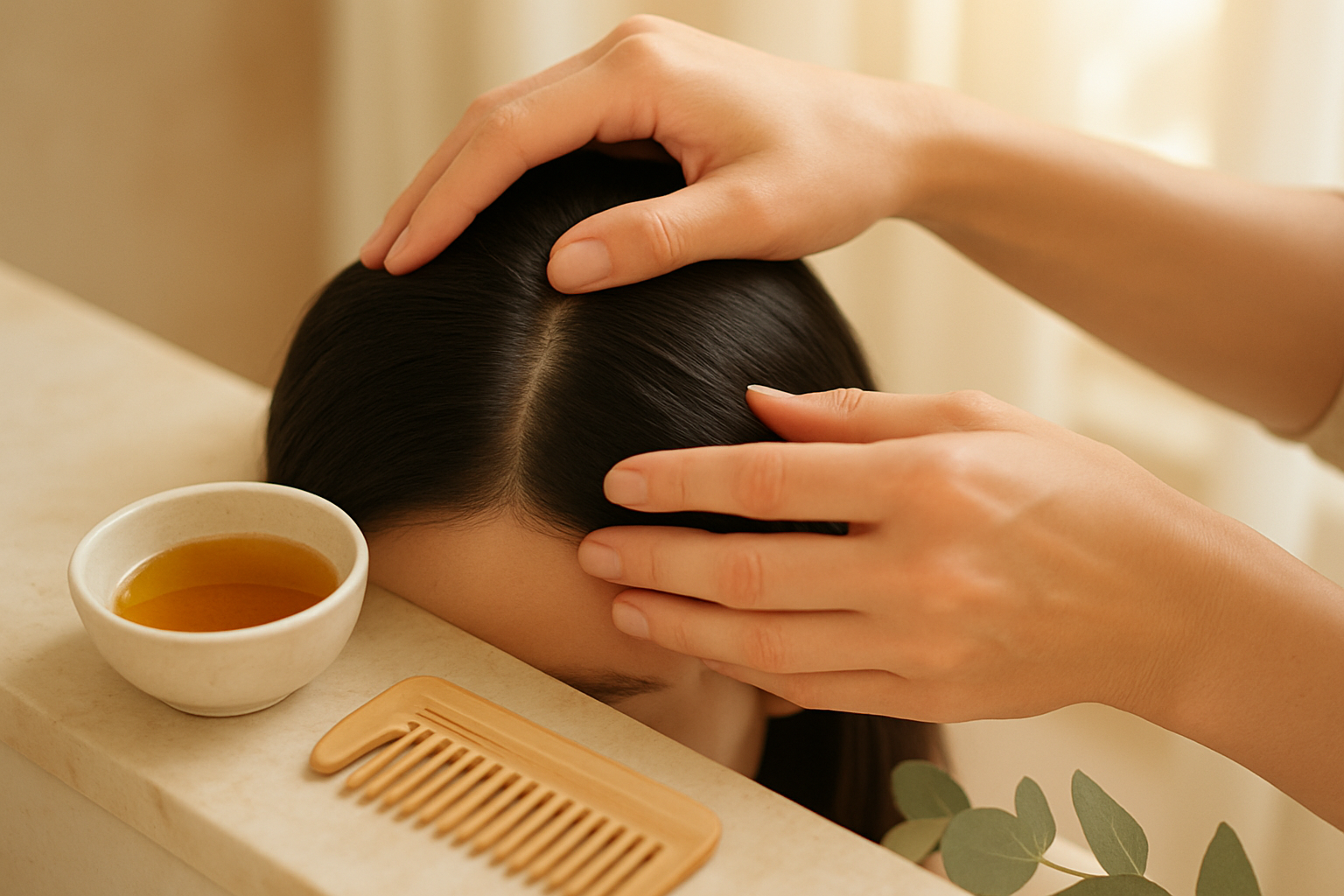 Stylist parts dark hair to reveal clean scalp beside oil bowl and eucalyptus