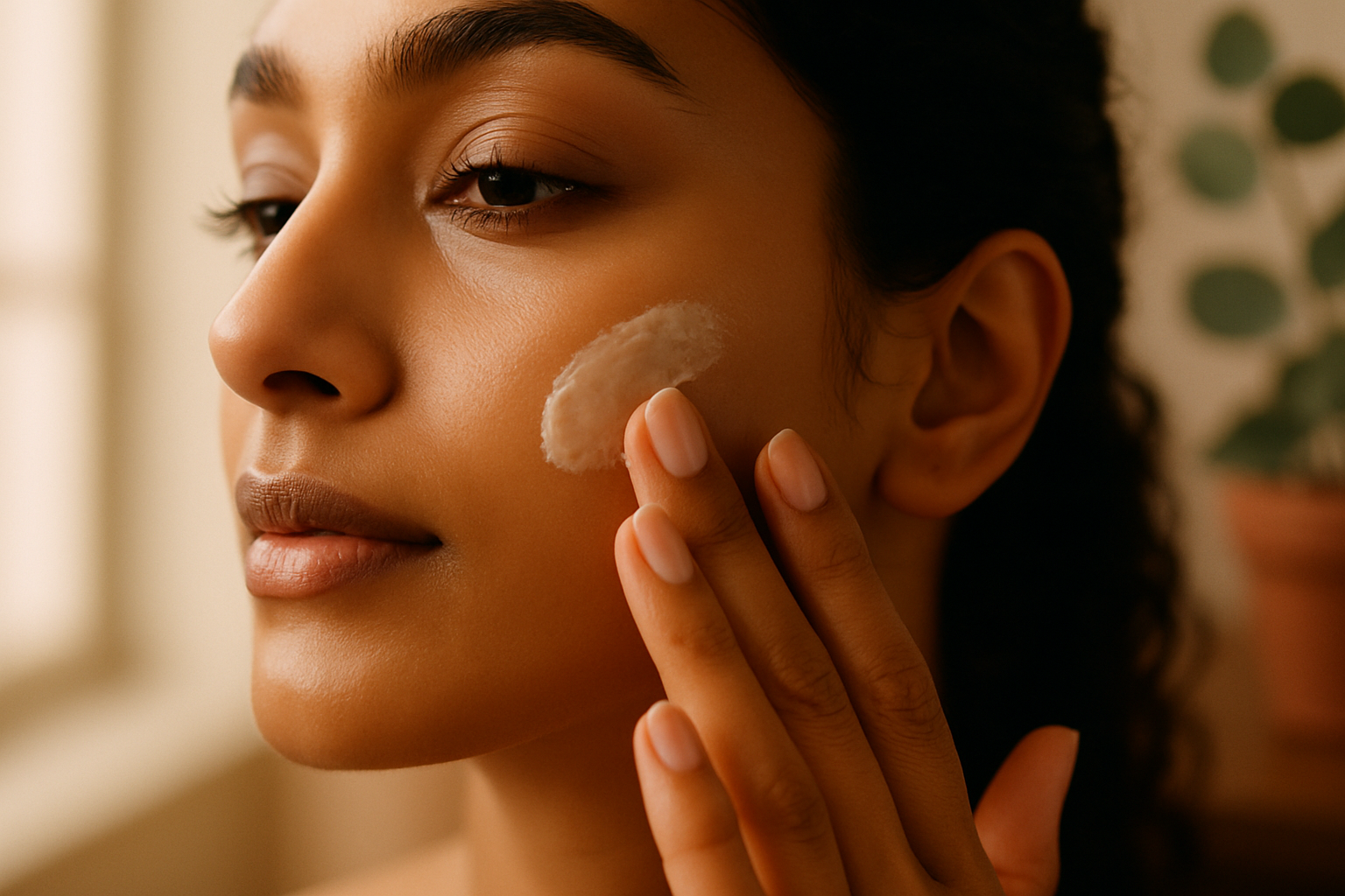 Close-up of hydrated South Asian woman's cheek with hand pressing cream in soft light