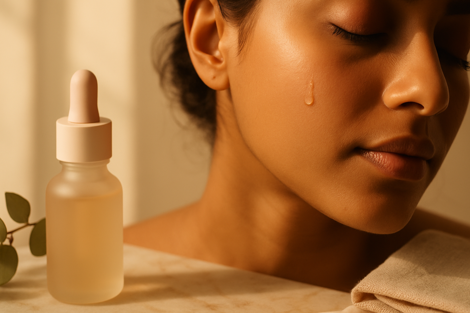 Close-up of glowing hydrated cheek with facial oil droplet and dropper bottle on marble