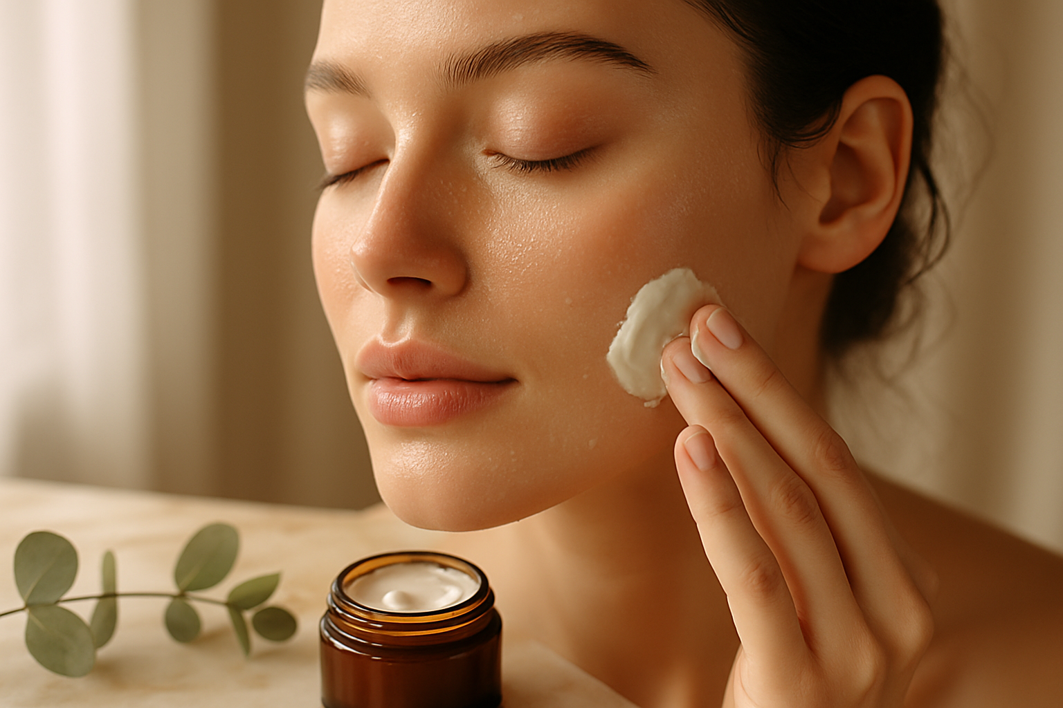 Close-up of hydrated glowing skin with rich cream being applied in soft window light