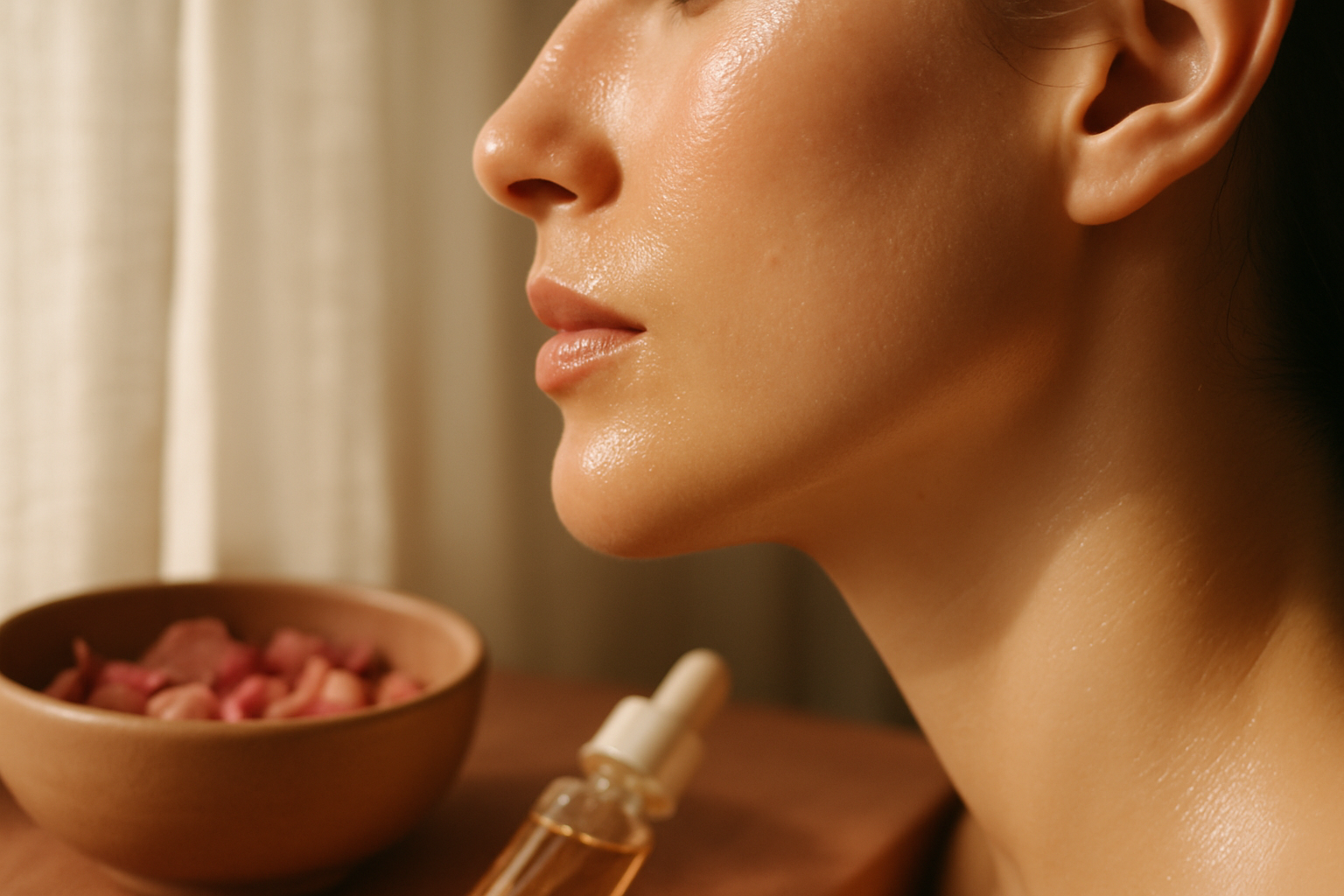 Close-up of a woman's radiant cheek with facial oil in warm winter light