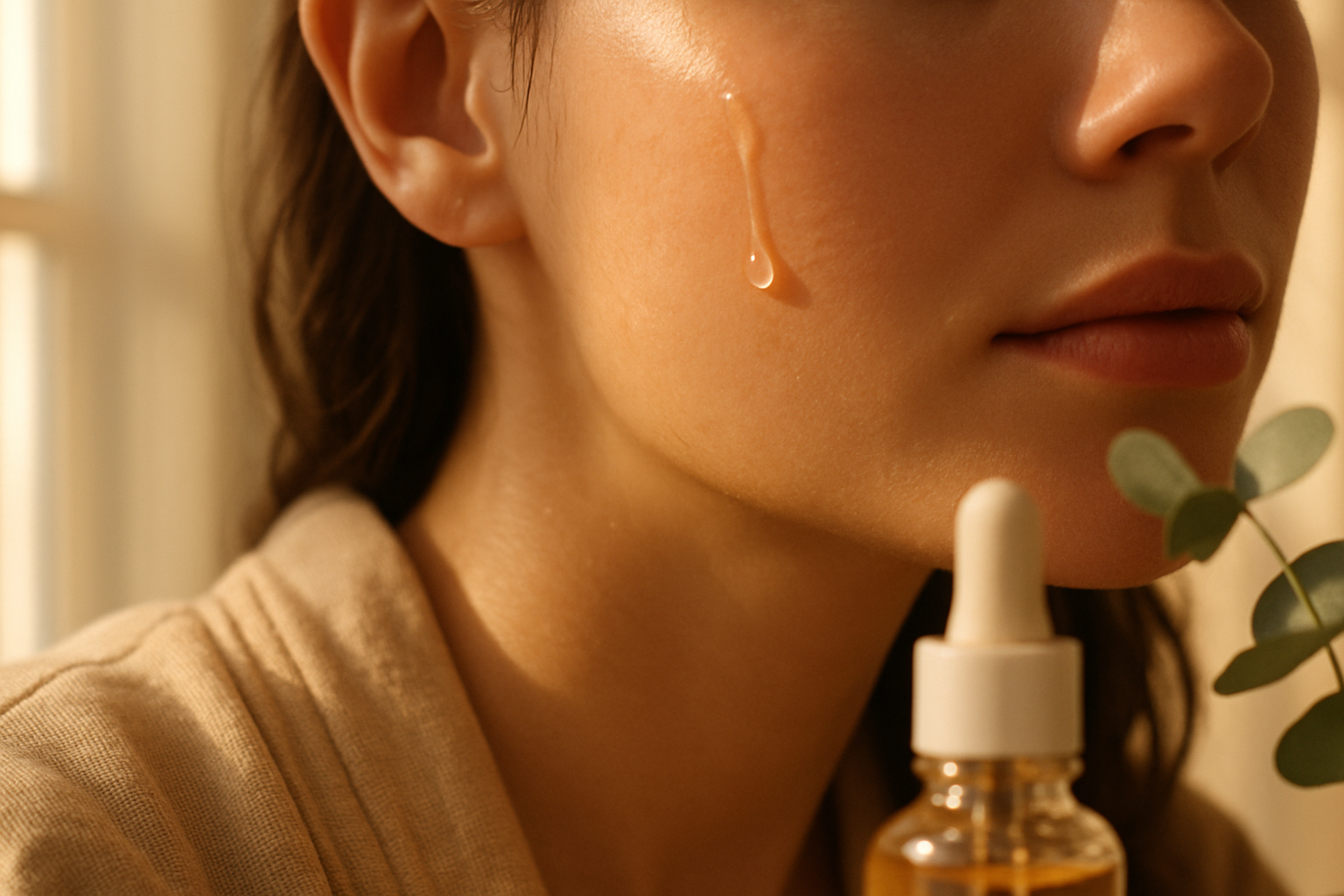 Close-up of dewy hydrated winter skin with serum drop in soft golden light