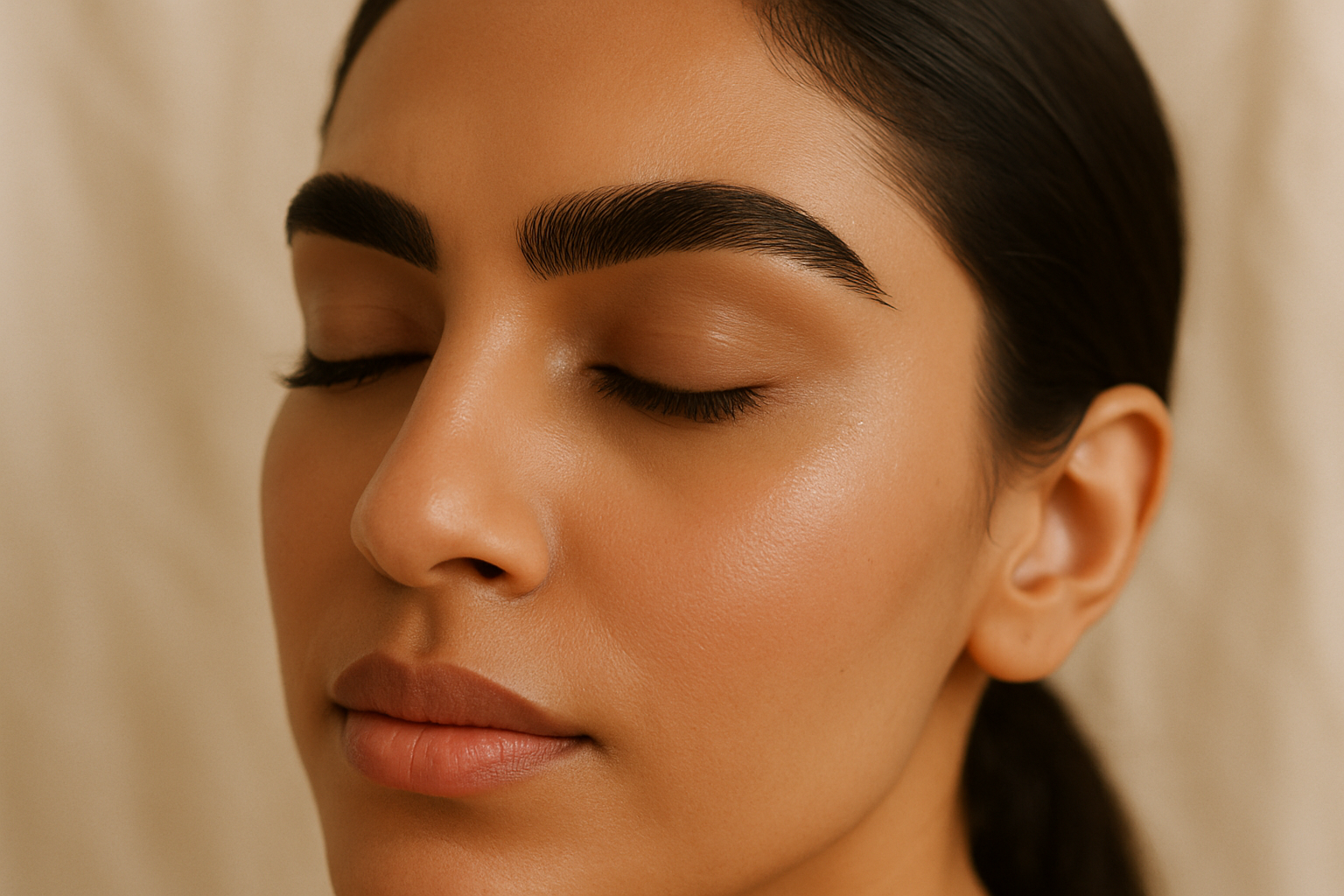 Close-up of a South Asian woman with perfectly shaped dark eyebrows in soft light
