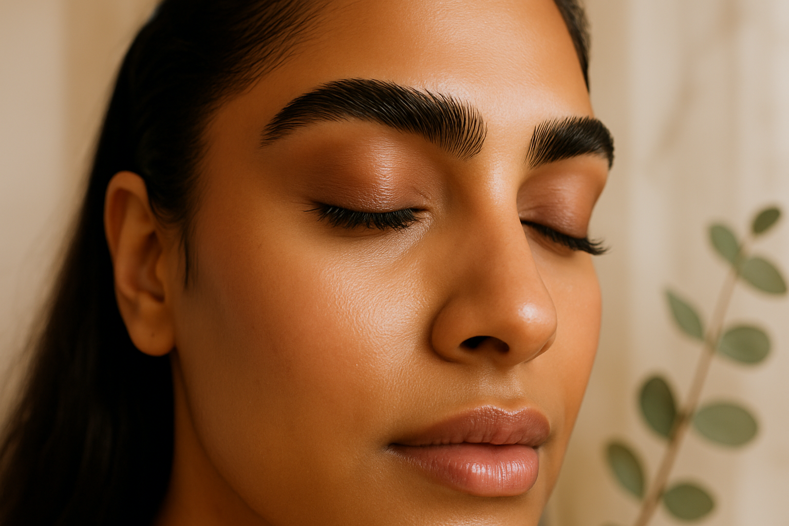 Close-up of a South Asian woman's groomed eyebrows and dewy skin in soft light