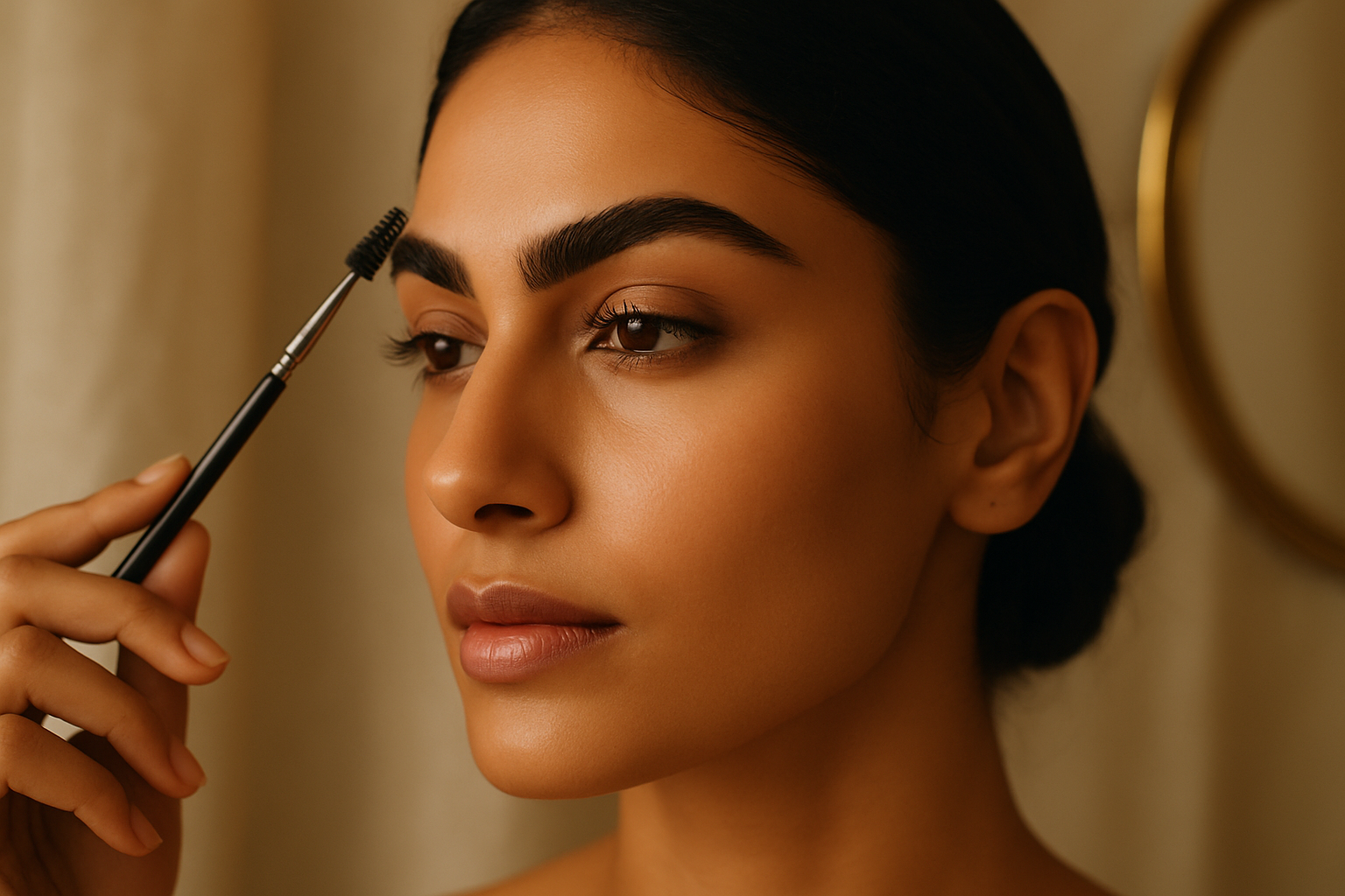 Close-up of a South Asian woman's groomed brows in soft natural light