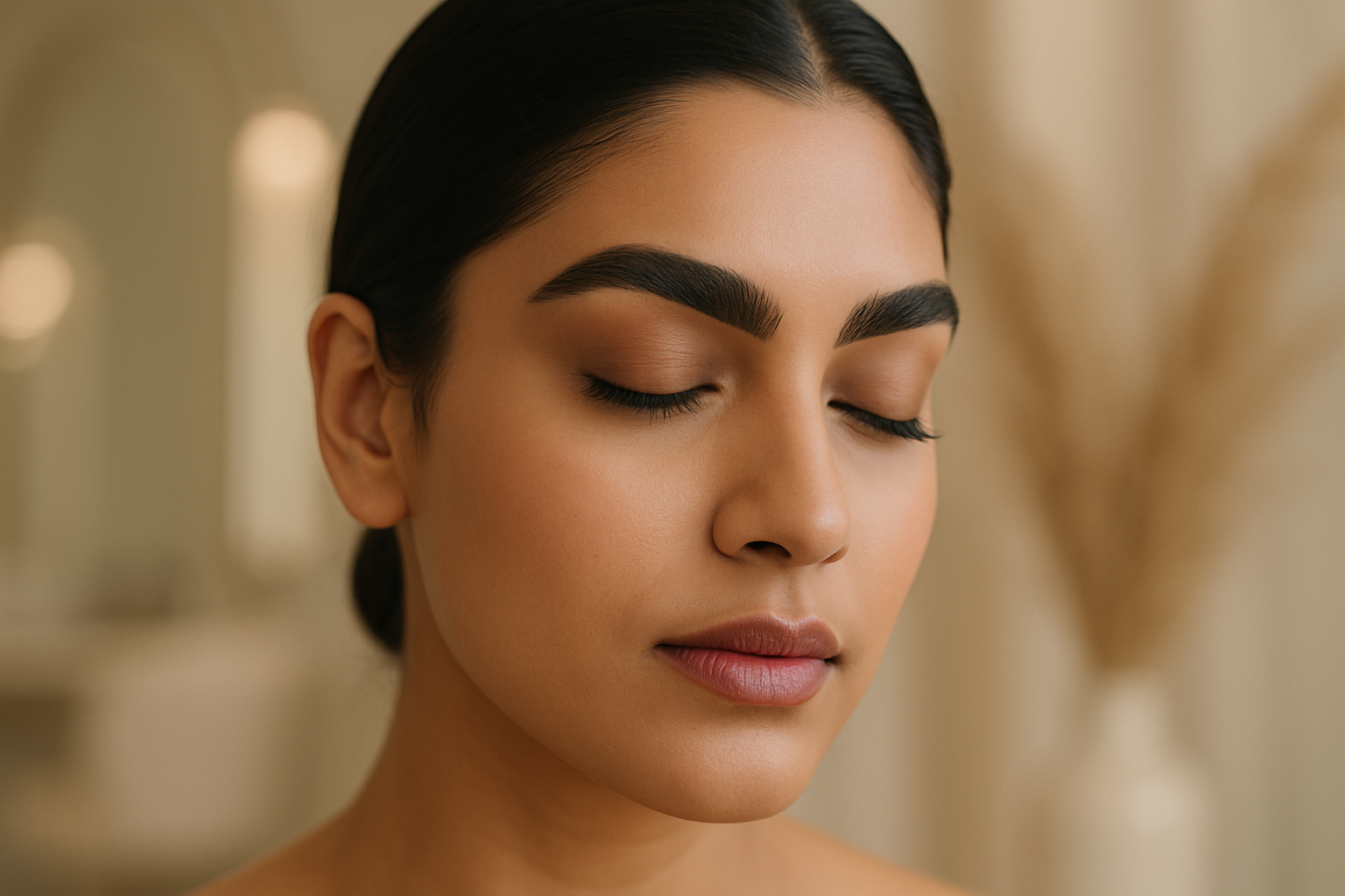 Close-up of South Asian woman's defined dark eyebrow in soft warm salon light