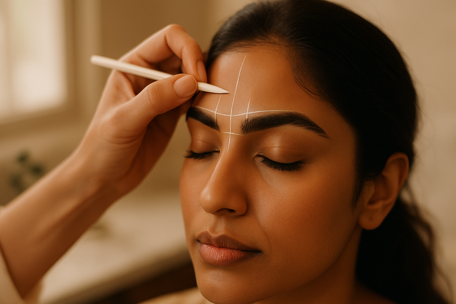 Close-up of a woman's brow being mapped by a stylist with a white pencil