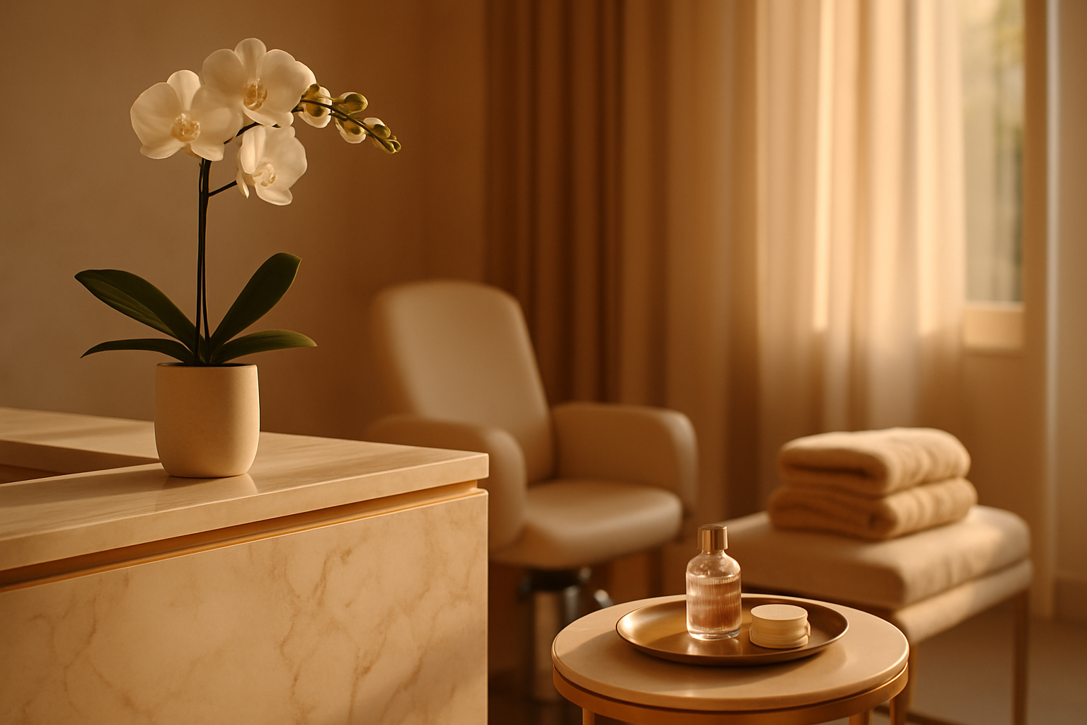 Serene luxury salon reception with orchids, brass details and warm natural light streaming in