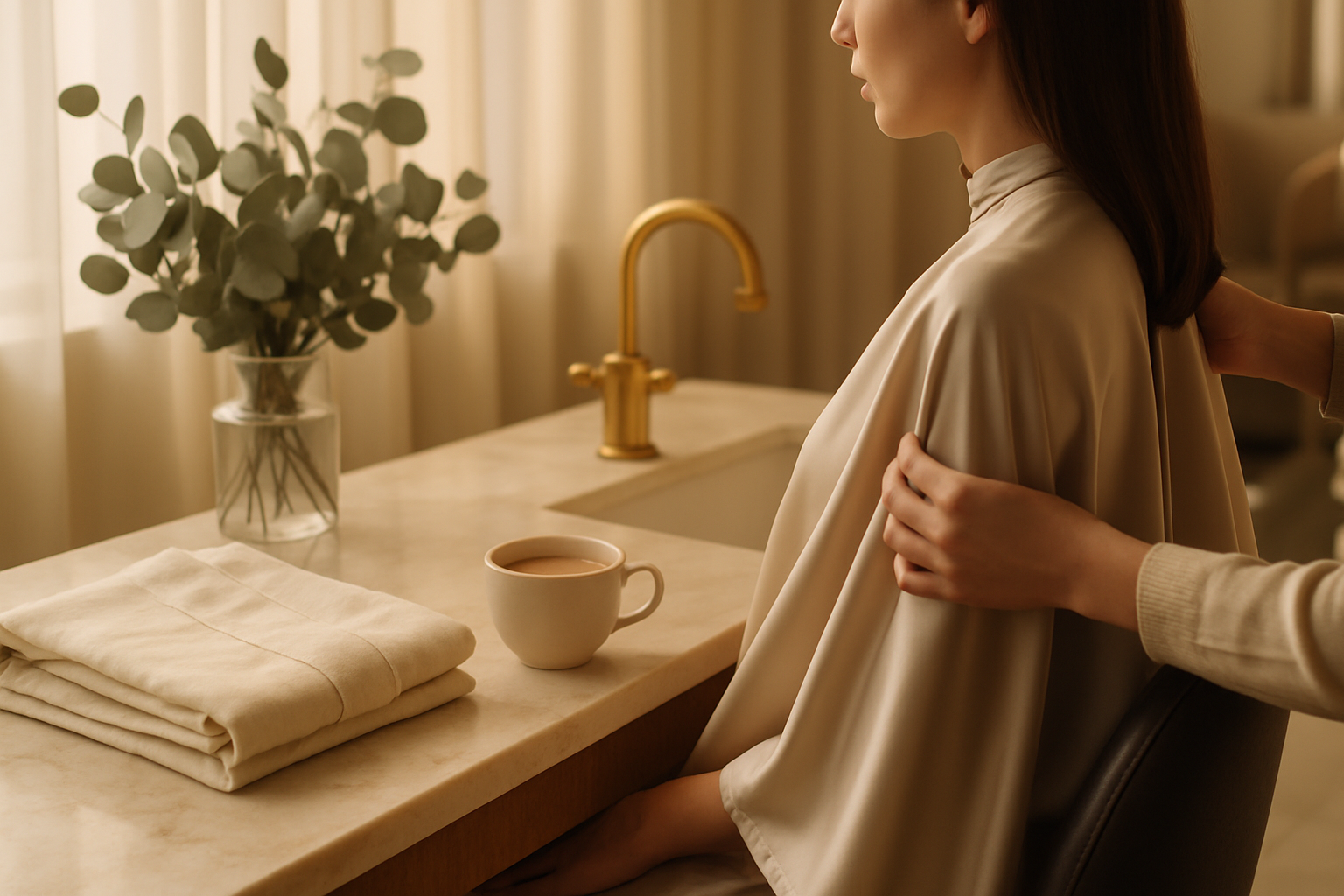 Soft-lit salon vanity with linen robe, chai cup and stylist's hands adjusting a cape