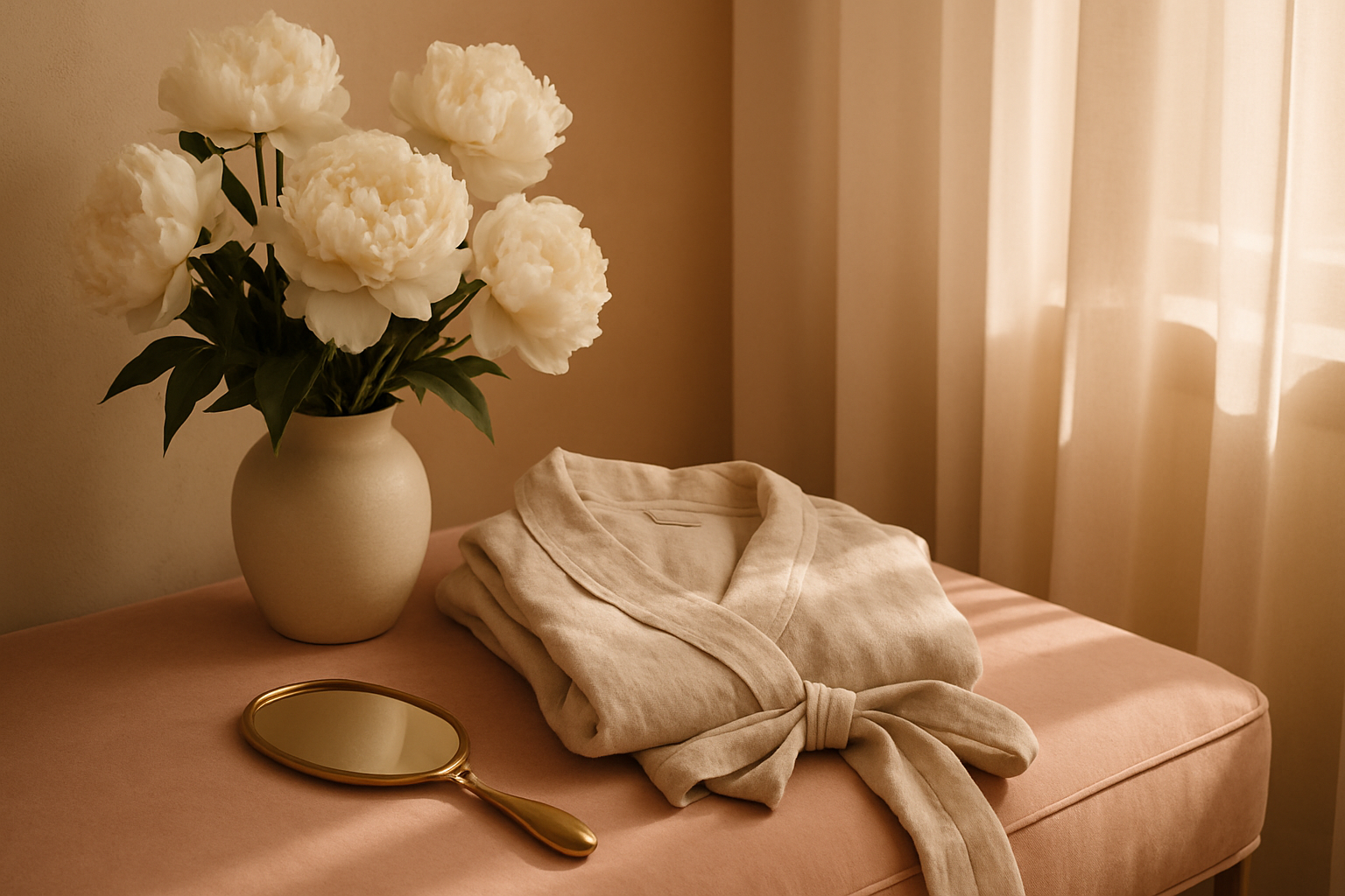 Soft sunlit luxury salon reception with peonies, folded robe and brass mirror on velvet bench