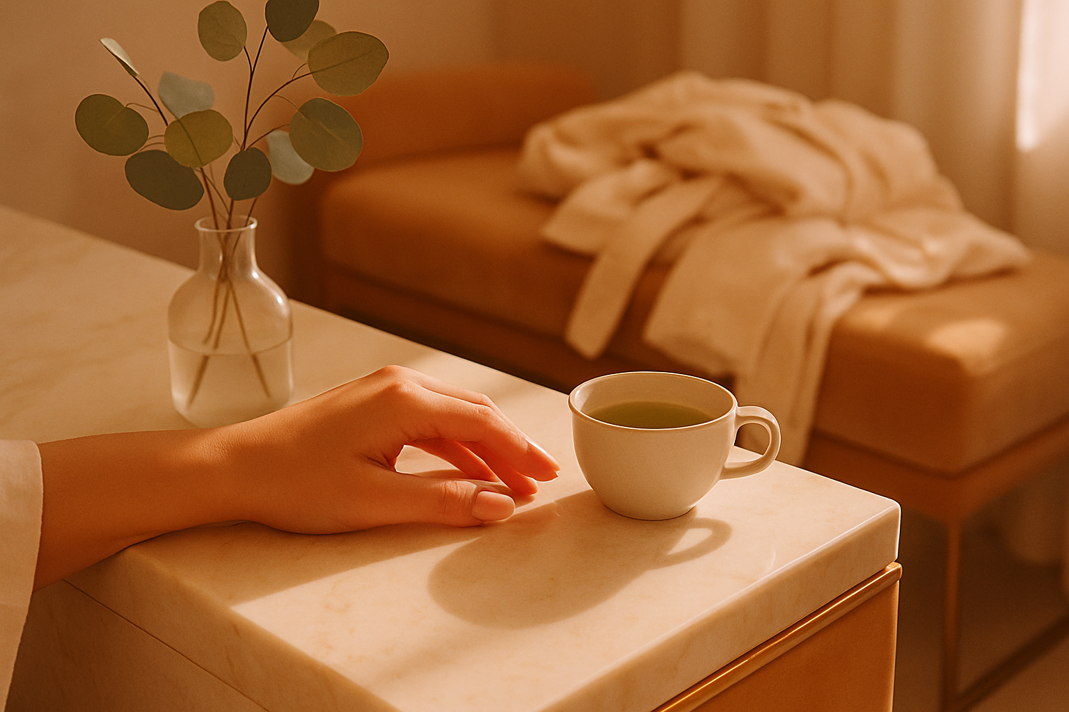 Marble salon reception counter with tea cup, eucalyptus and folded linen robes in warm light