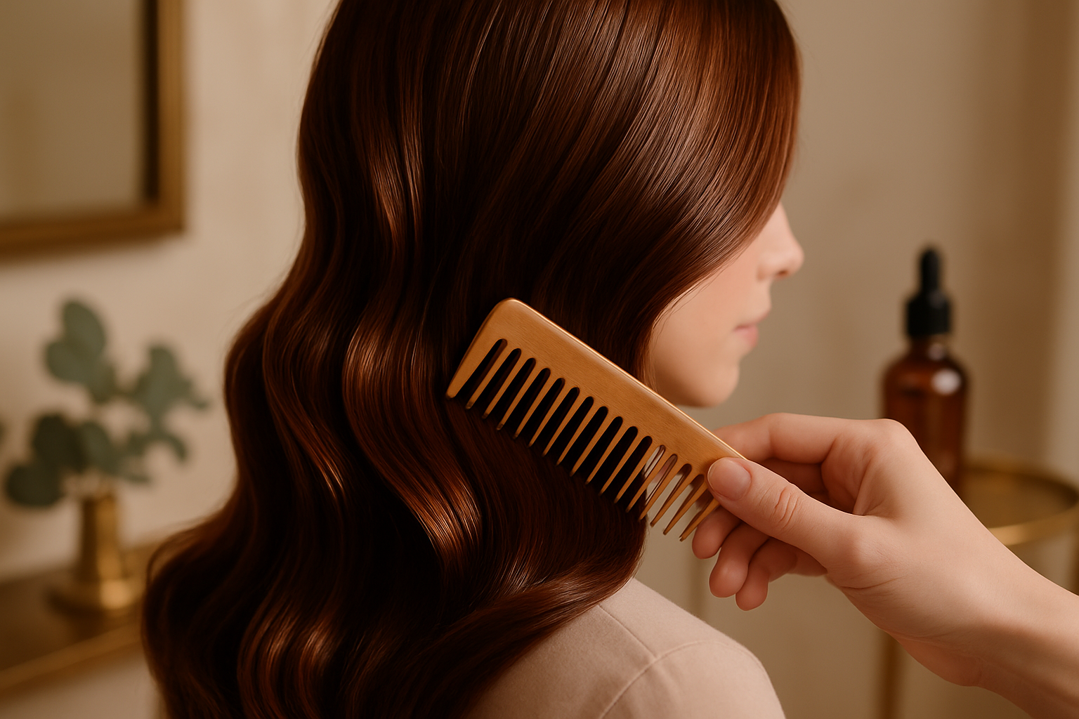 Stylist combing freshly coloured glossy brown hair in soft window light