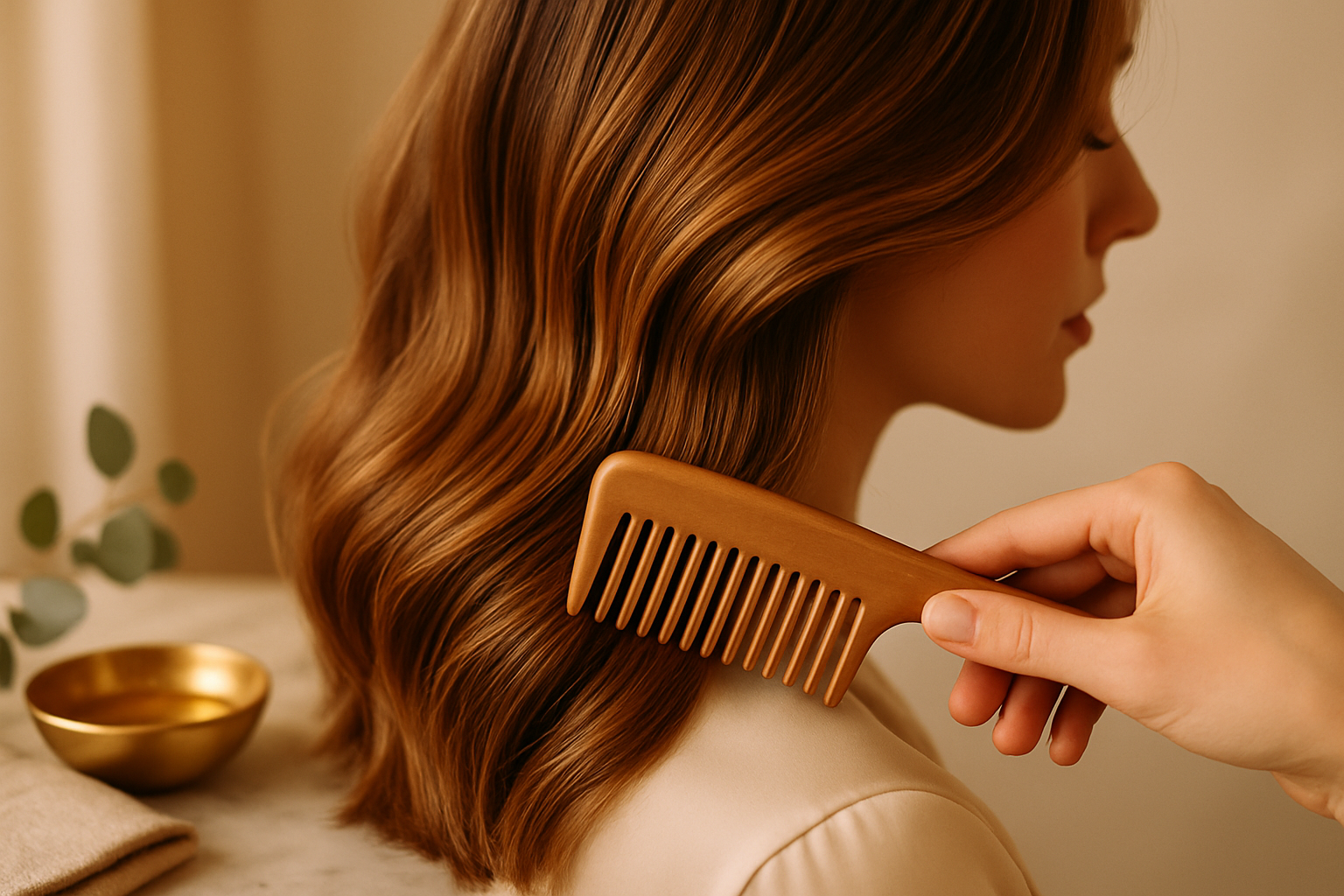 Close-up of freshly colored brunette hair being combed on a soft-lit marble vanity