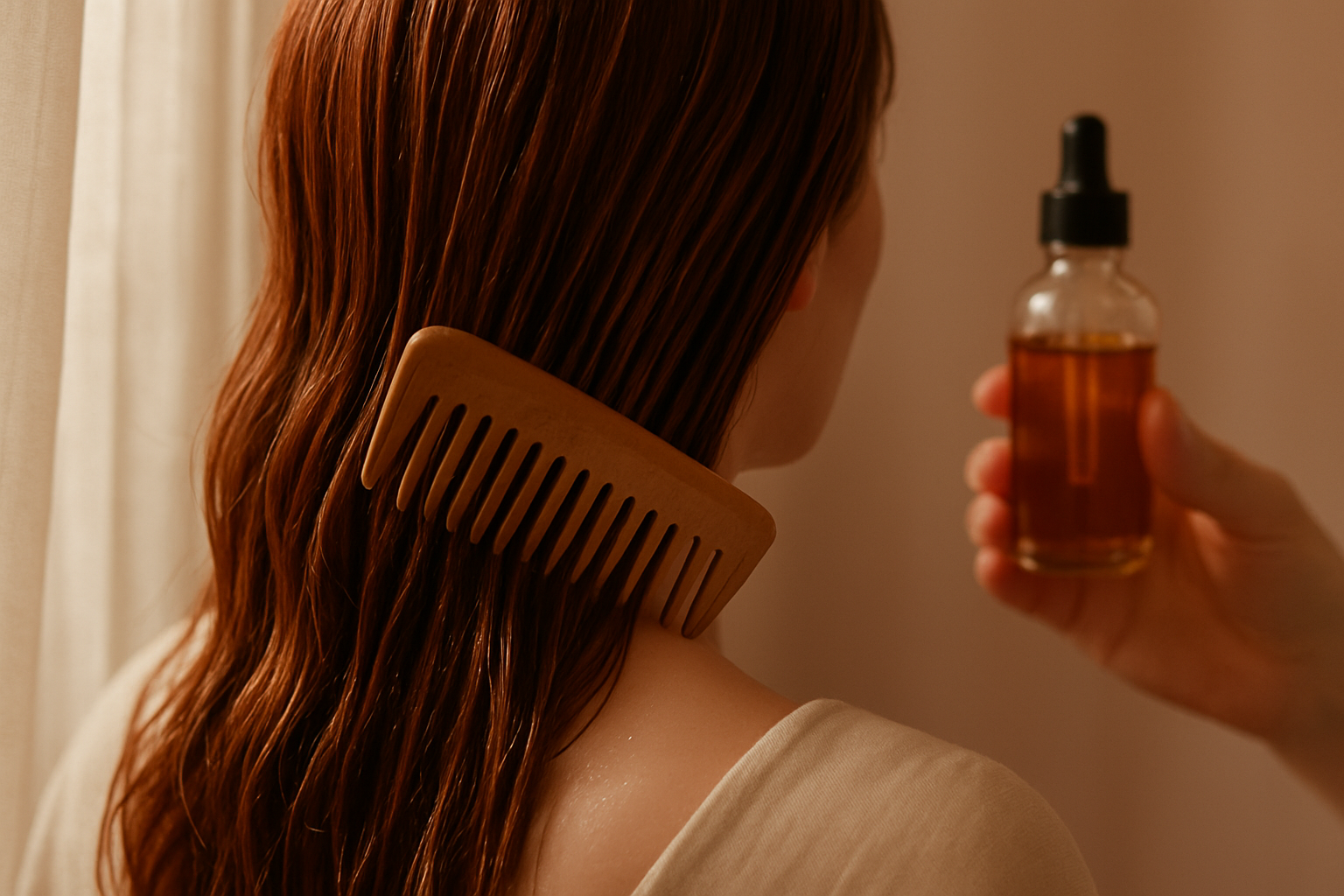 Stylist combing glossy freshly coloured chestnut hair in soft morning salon light