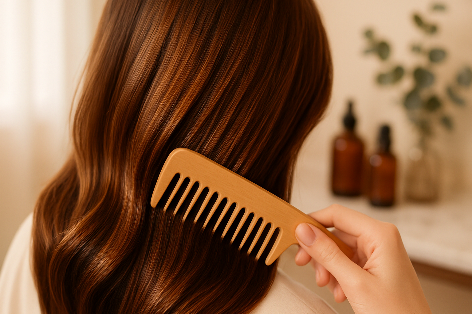 Glossy freshly coloured brown hair being combed on a marble salon vanity