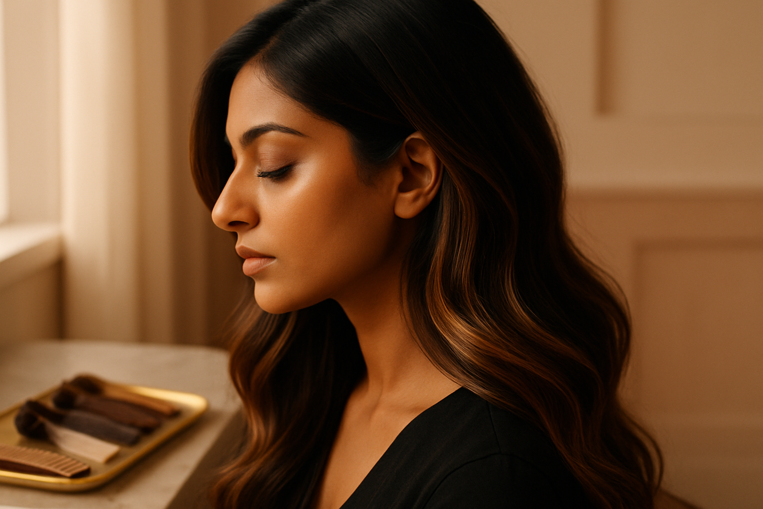 Close-up of South Asian woman with caramel balayage hair in warm salon light